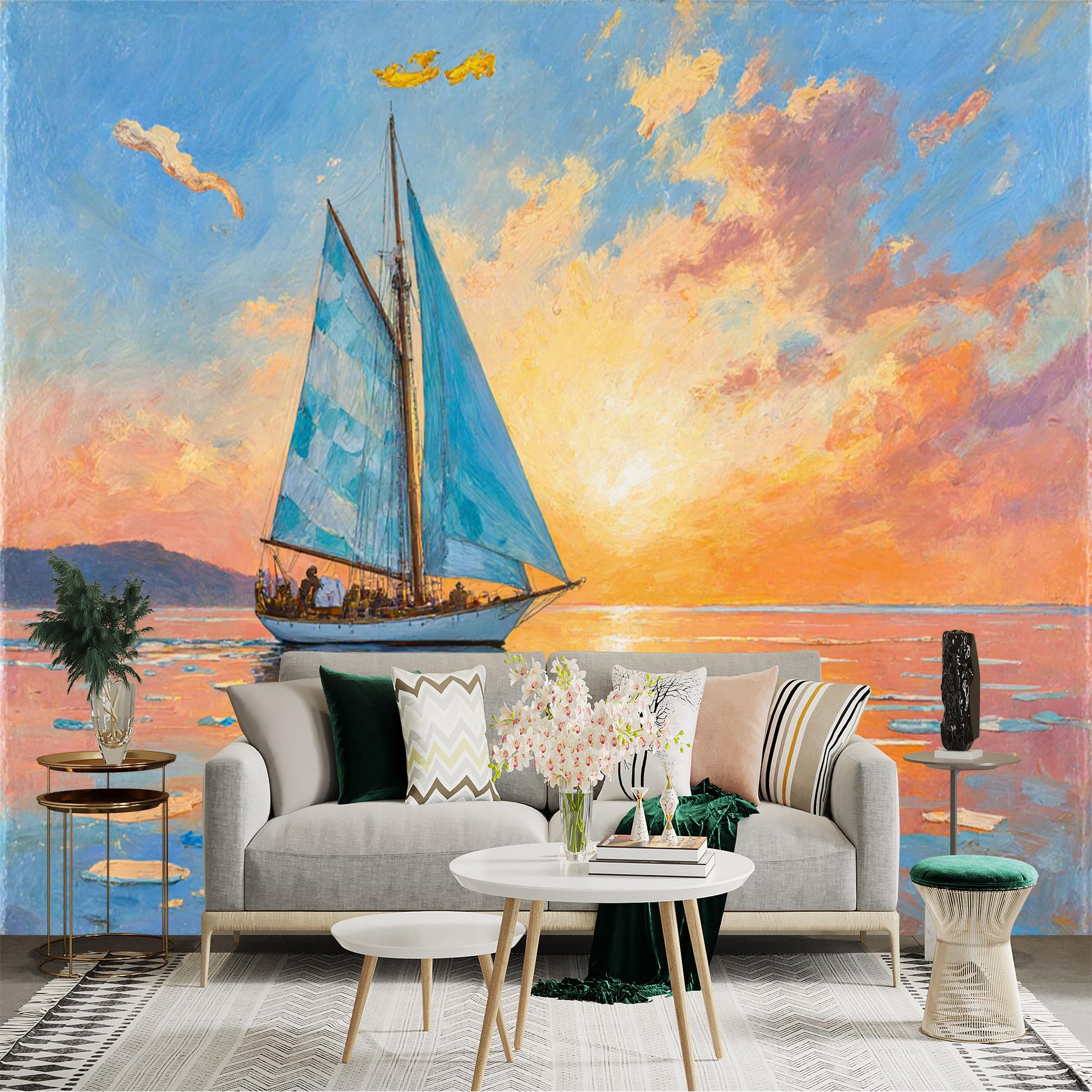 Lnzczhyre Xc260505613 Custom Size Wall Sticker Mural， Sailboat At Sunset， Golden Ocean Horizon， Impressionist Oil Painting Style， Peaceful Nautical Scenery， For Wall Decoration， Peelandstick Wall Decals.