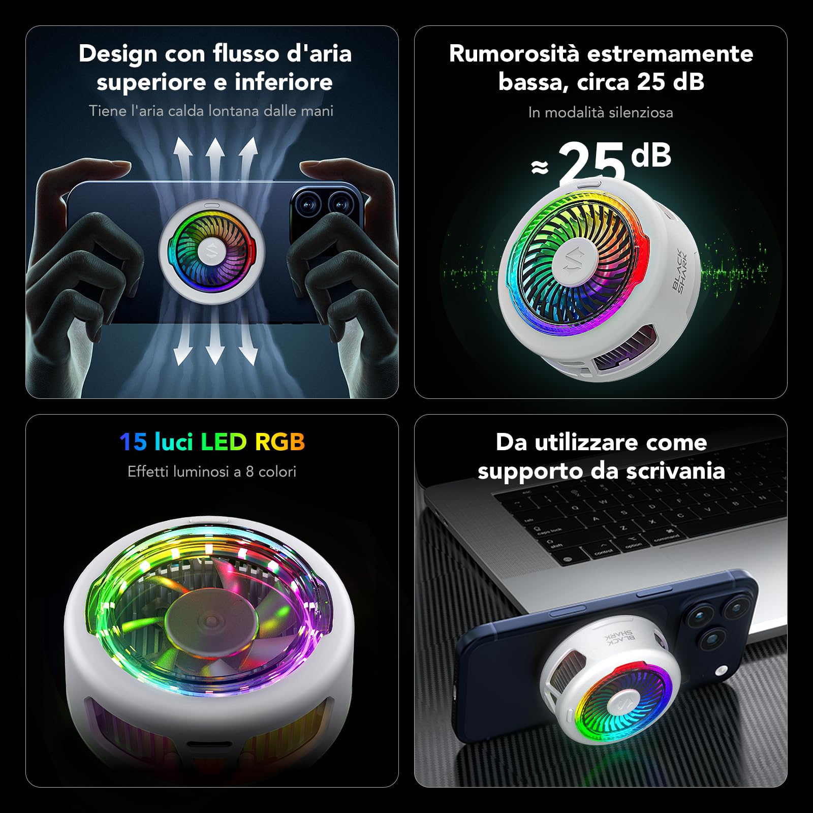Black Shark FunCooler 6 Raffreddatore Magnetico per Telefono per Gaming, Ventola di Raffreddamento Portatile con Luce RGB, Radiante per Telefono Controllato da App per Serie Magnetica iPhone(Bianco)