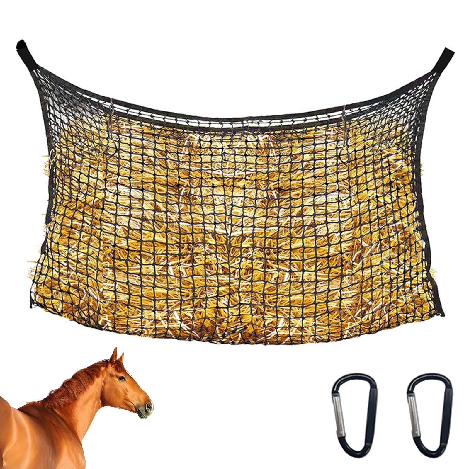 90 * 120CM Filet a Foin Cheval Maillage 4 * 4CM Filet a Foin avec Mousqueton Filets Foins Chevaux Convient pour Nourrir Les Chevaux, Les Bovins, Moutons et Autres Animaux d'élevage