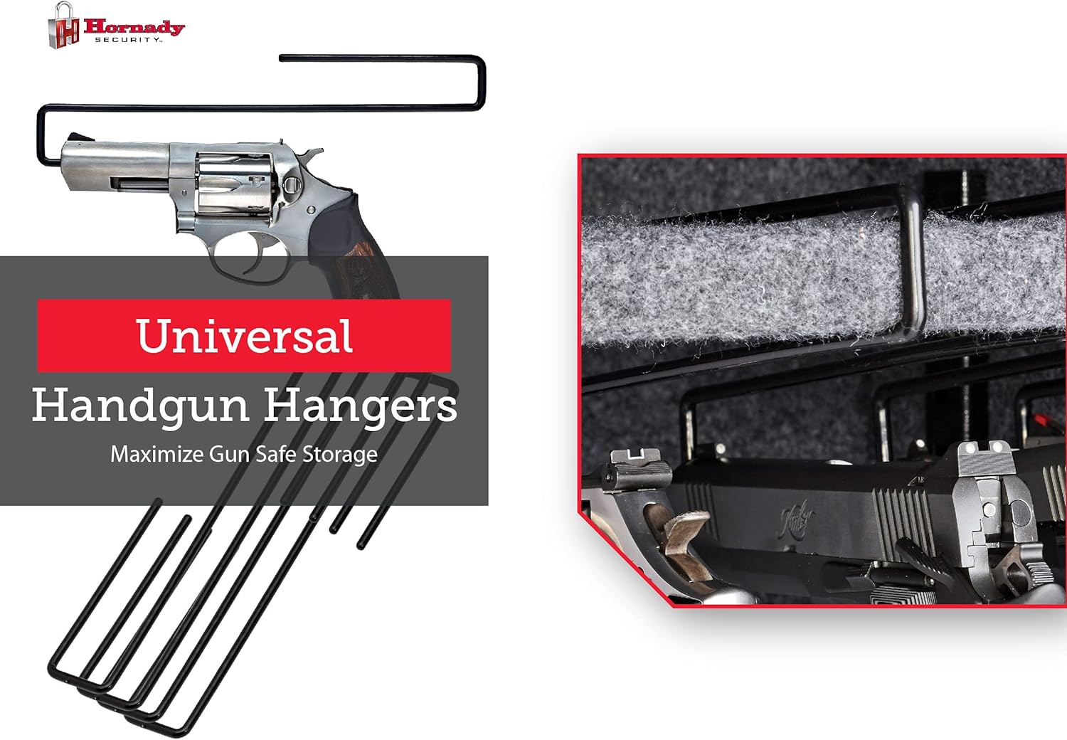 Hornady Universal Handgun Hangers, 95870, 4pk - Maximize Gun Safe Space with Easy Access Under Shelf Storage Gun Hangers -PVC Coated Steel Wire Pistol Holder Protect & Store 22 Caliber Handgun & More