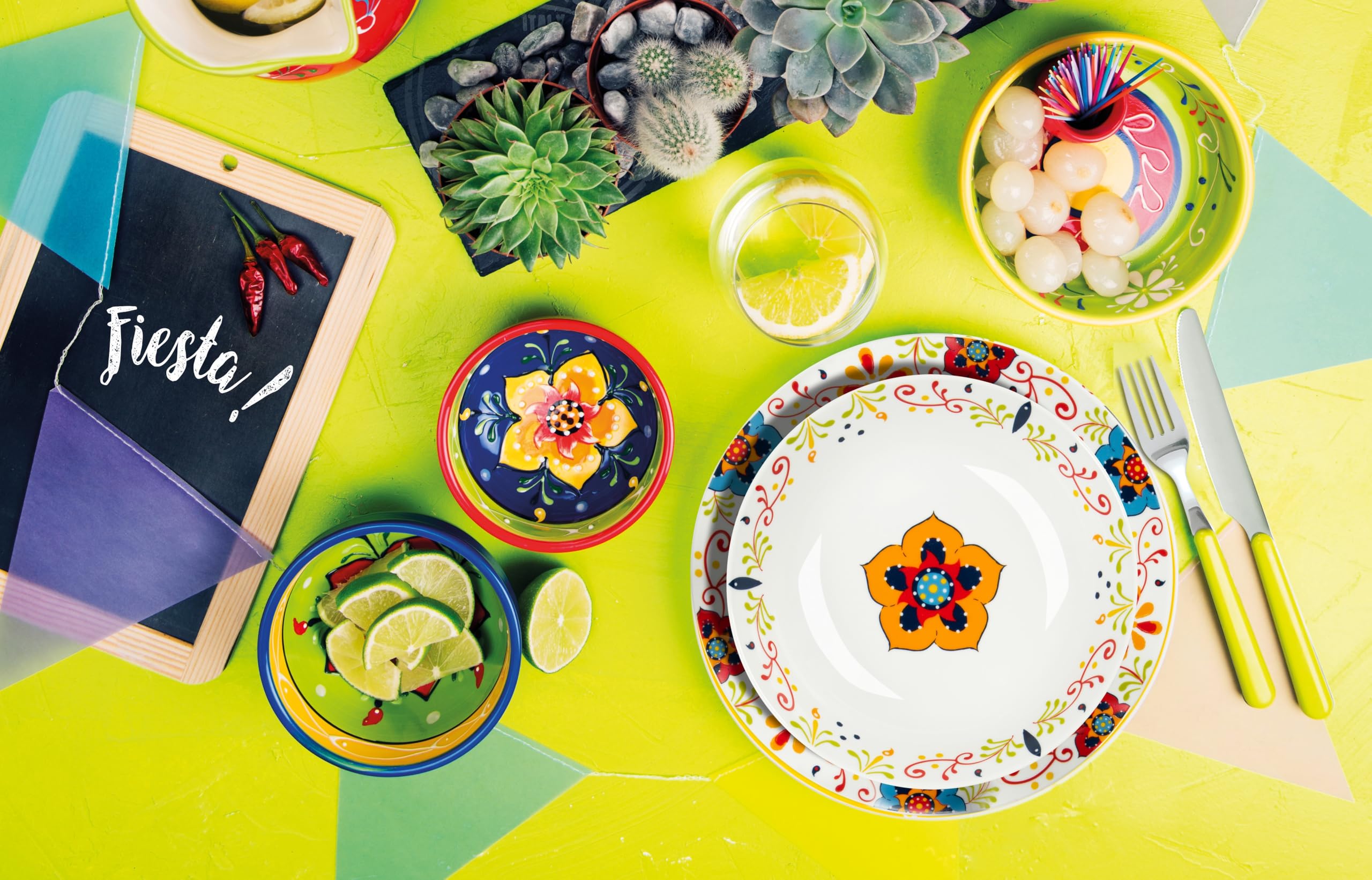 Excelsa Tex Mex Servizio Piatti 12 Pezzi, Porcellana, Set 4 Persone, Multicolore