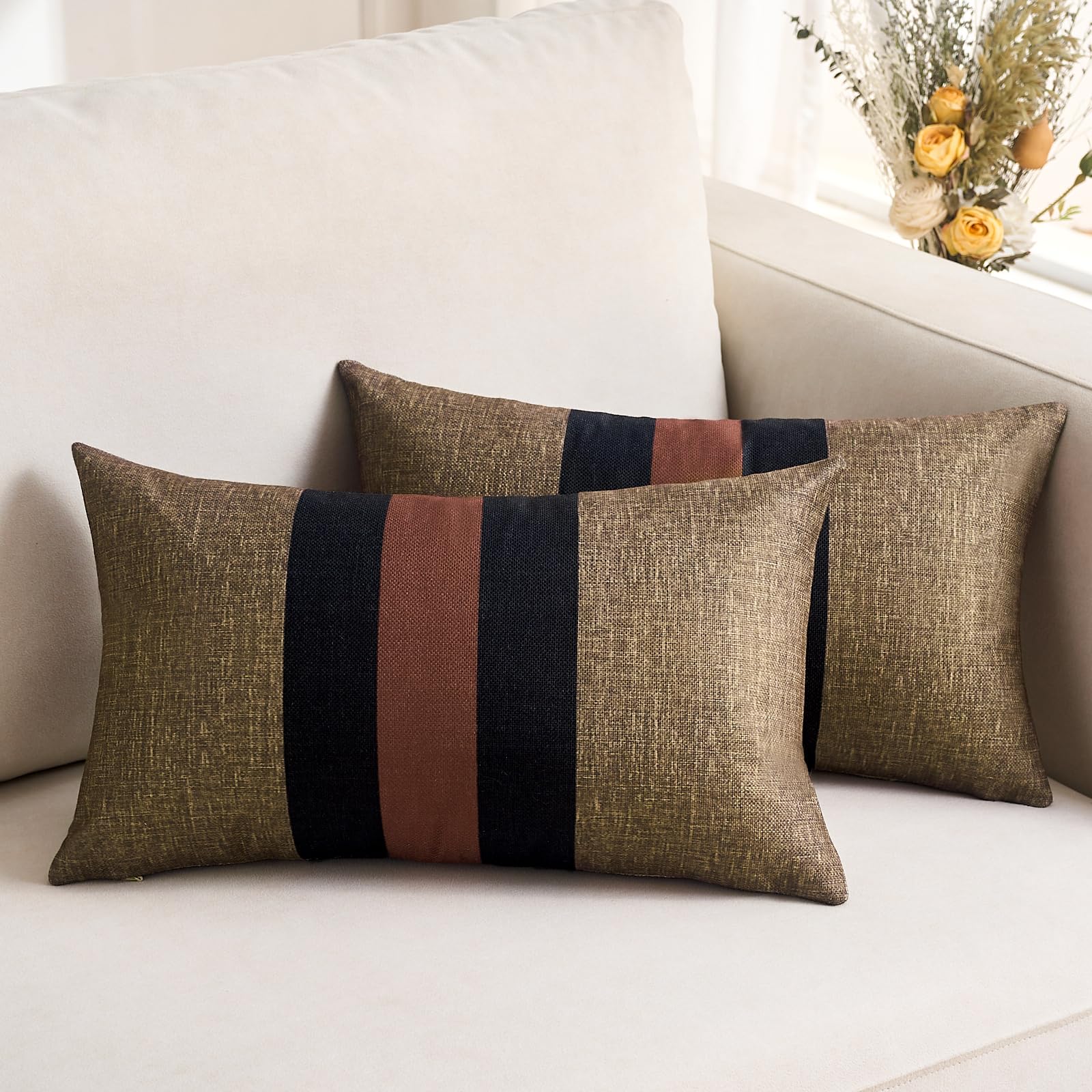 Wosendy Brown Black Red Patchwork Pillow Covers Lumbar Cushion Cover for Couch Sofa Bed Accent Pillow Case Linen and Polyester Modern Decor 12 x 20