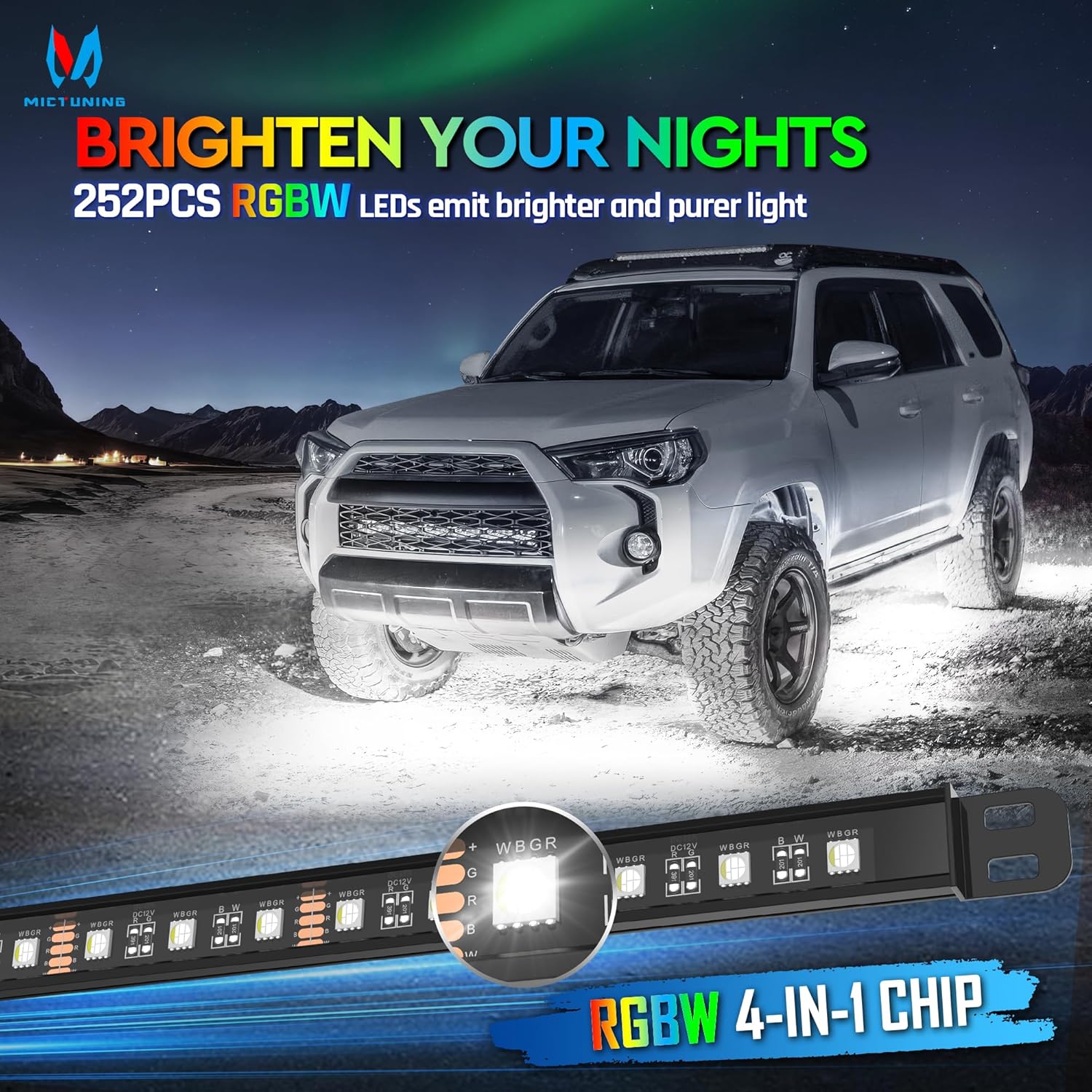 MICTUNING N8 RGBW Underglow Light Bars for SUVs, App/Remote Control, Aluminum Housing Waterproof, Exterior Neon Accent Underbody LED Light Strips, w/ 2pcs 9.8ft Extension Cords, 8PCS