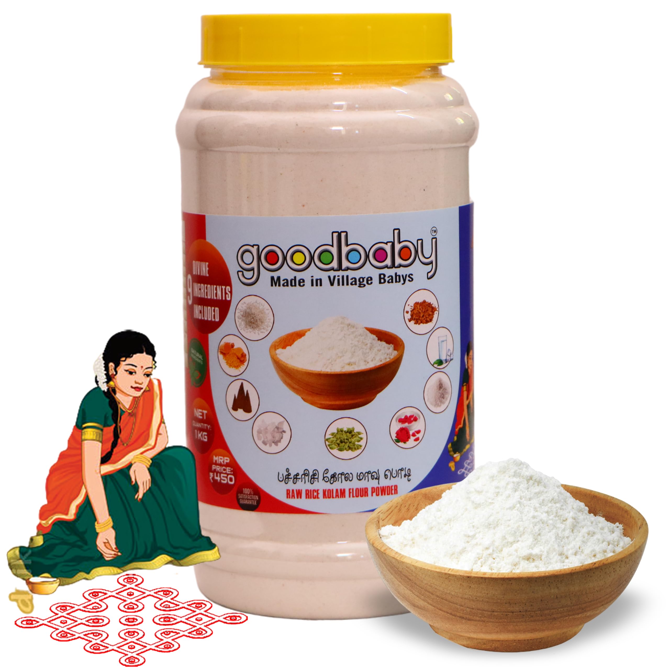 Goodbaby™ RAW RICE RANGOLI FLOUR POWDER, Pacharisi Kolam Mavu Podi, Raw Rice Flour Rangoli kolam flour Powder, 9 Divine Ingredients Included for Home Decoration, 500 Gram (500)-picture-47