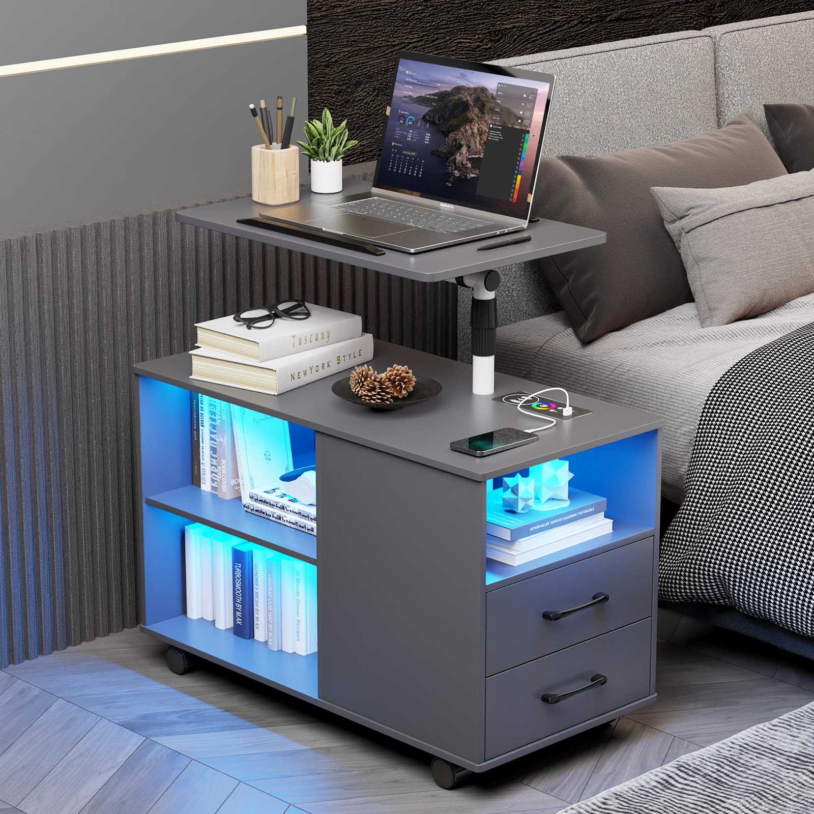 MDGC Nightstand with Charging Station and Auto Senor,RGB Bedside Table with 360°Adjustable Rotary Table,Night Stand with Open Shelves,Drawers,5 Wheels