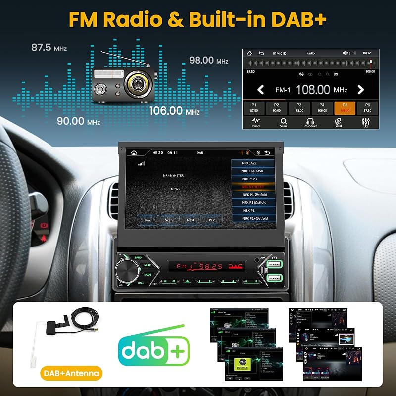 Hikity 1 DIN DAB Autórádió 7" Kihajtható Érintőképernyő Carplay Android Bluetooth