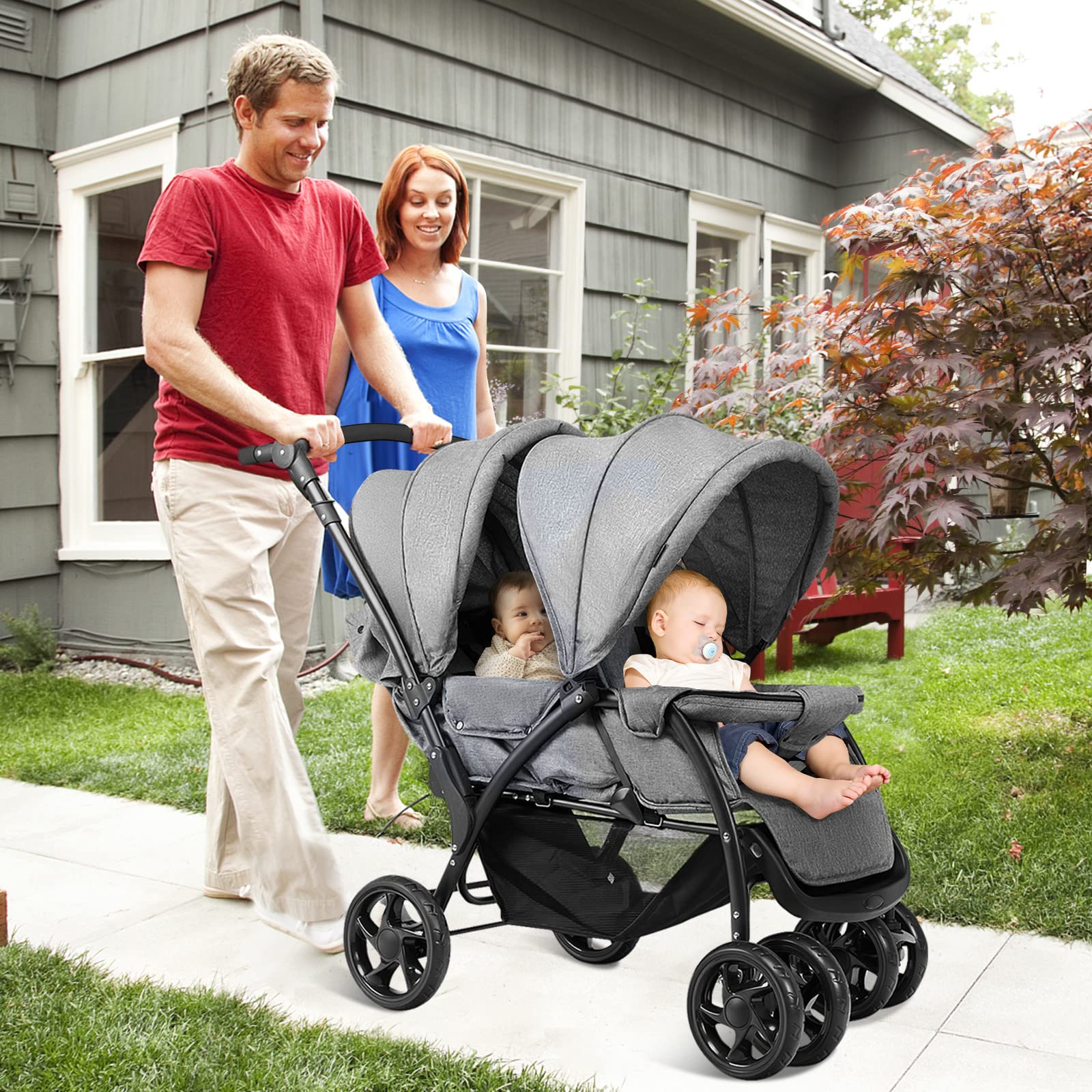 DREAMADE Poussette Double Pliable à 4 Roues avec Freins, Landau pour Bébé avec Ceinture de Sécurité à Cinq Points, Capotes et Pédales Réglables, Charge totale 30kg, Gris