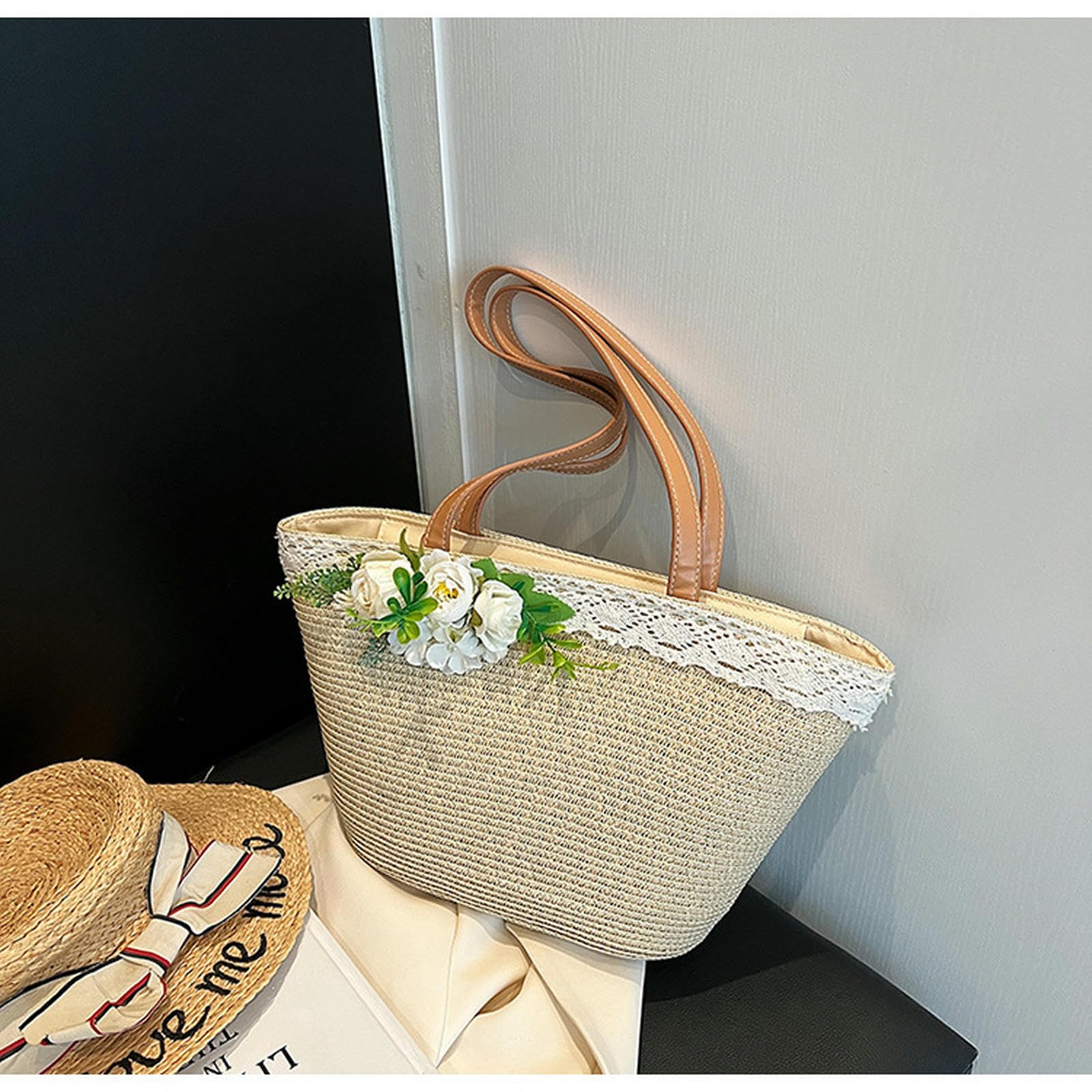 Strohtasche Damen Strohbeutel Frauen Sommerstrandtasche Große Kapazität Strohtasche Mit Zipper Beach Totes Gewebte Umhängetasche-beige