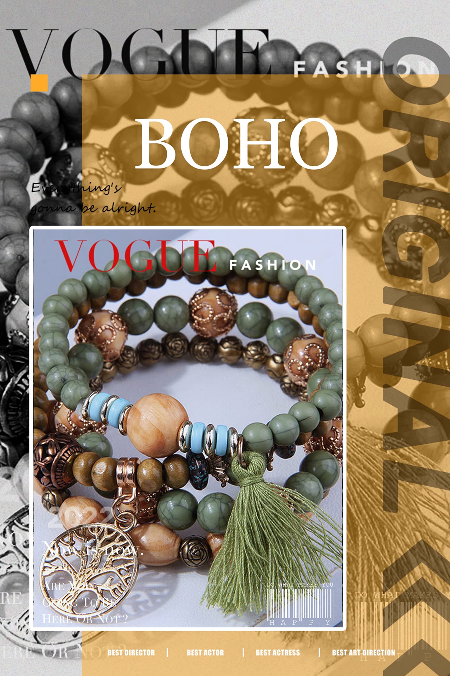 YDYDTTKD Bracciale con Perline Boho, Braccialetto con Nappe con Perline di Legno Multistrato, Set di Gioielli Elastici da Viaggio, Souvenir, Regali di Gioielli in Stile Bohémien (Verde Militare, Set
