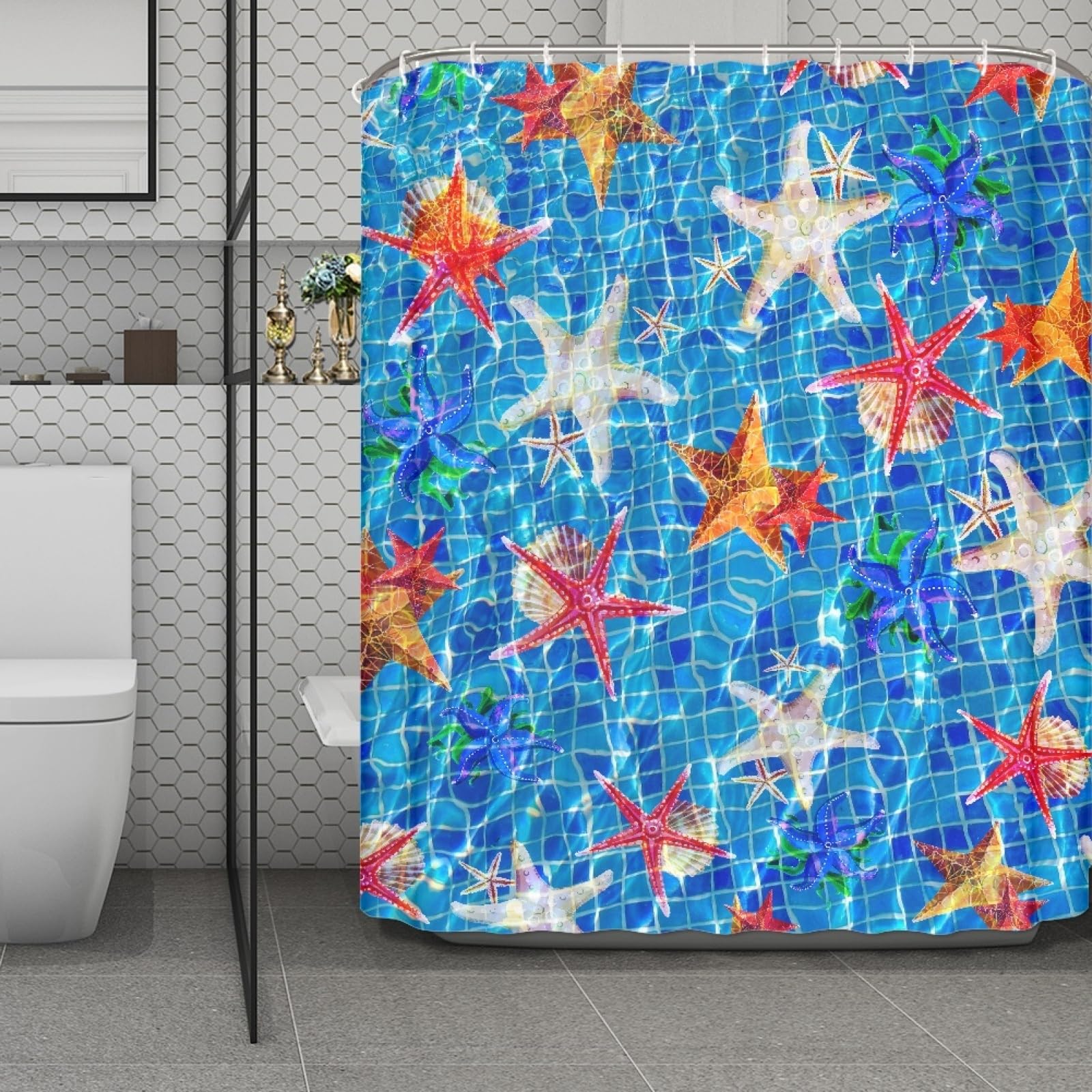 Rideau de Douche 200X240 Grand Format pour Éviter les Inondations de Baignoire Motif Étoile Mer