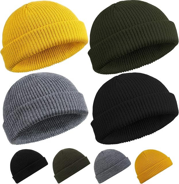 4 Pieces Trawler Beanie Watch Hat Roll up Edge Skullcap Fisherman Beanie Unisex