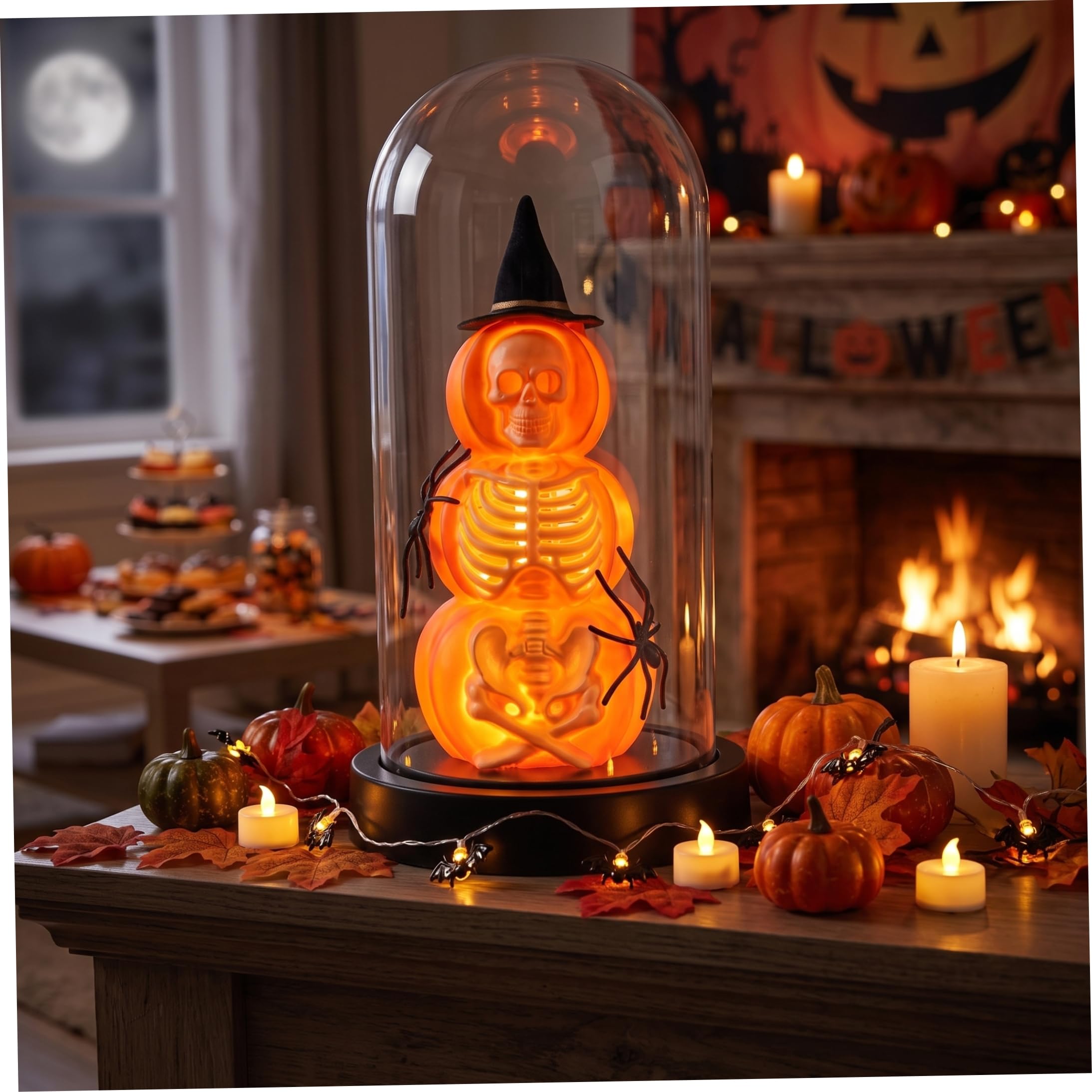 Latemeia Skeleton Lamp with Cover, 9.6inch Pumpkin Skull Night Light with Clear PVC Dome, Spooky Table Lamps for Halloween Bedroom Decor (Style 1)