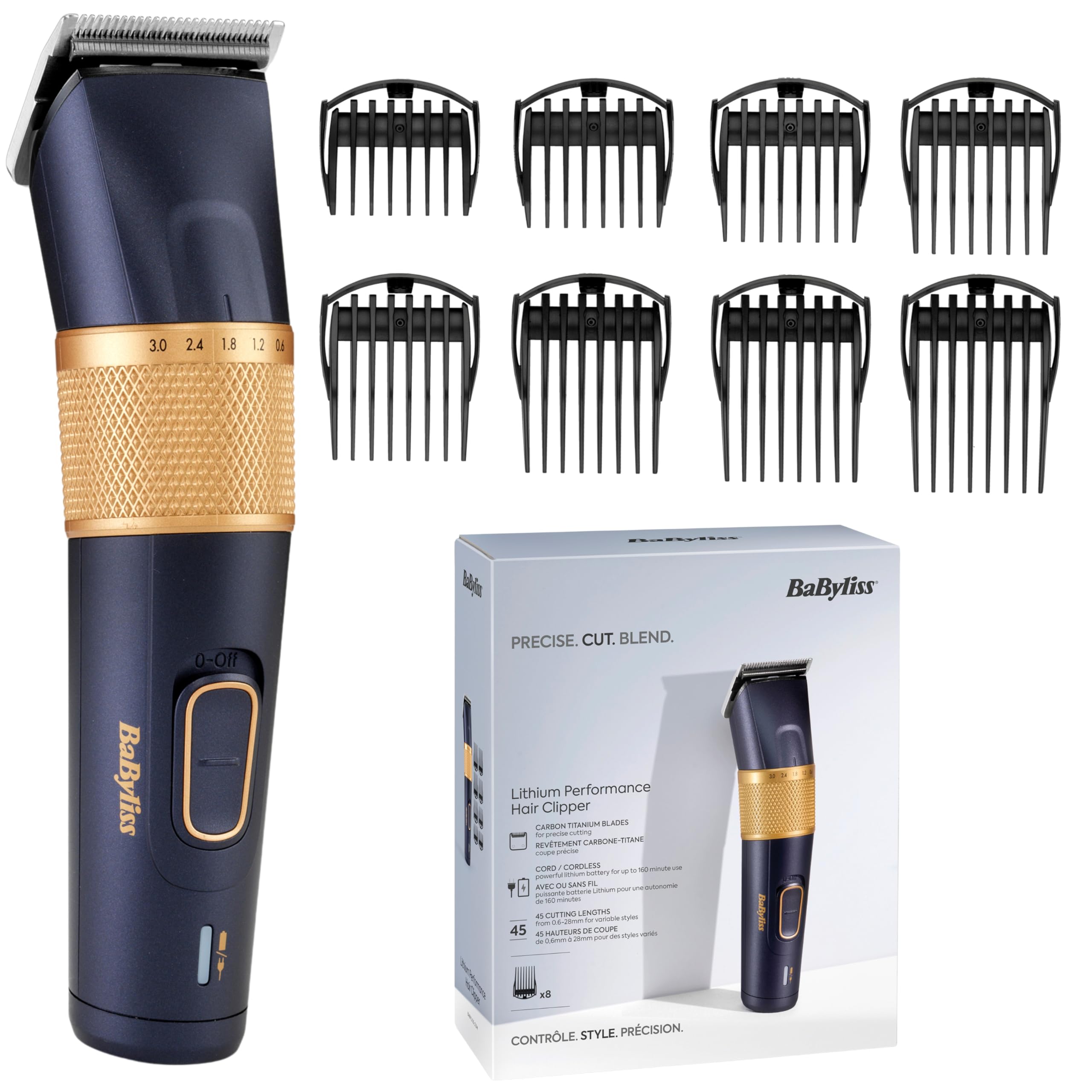 BaByliss Tondeuse à cheveux Lithium Performance - Performance professionnelle sans fil, 45 réglages de longueur (0,​6-​28 mm), Batterie lithium, Bleu foncé/​or, E986E