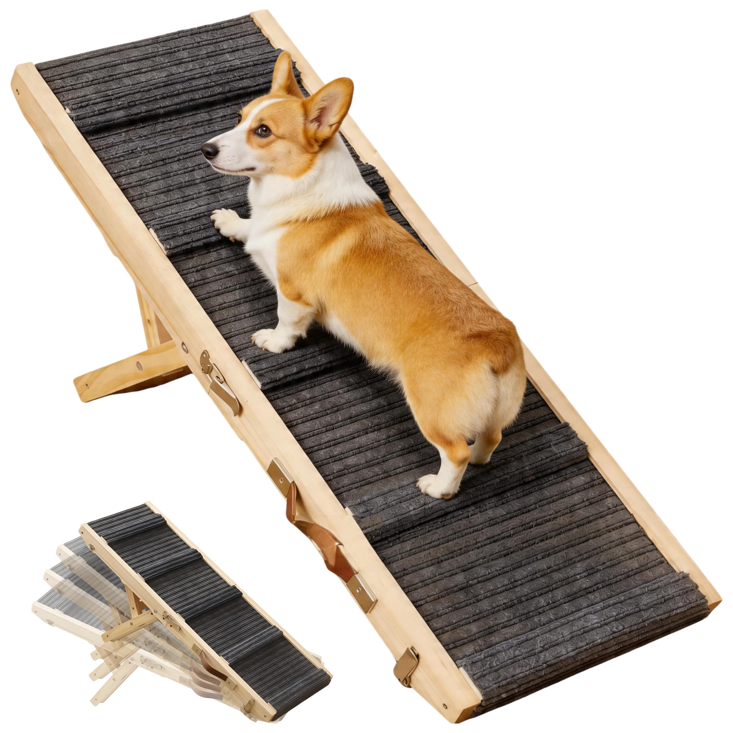 Hunderampe aus Holz, Hundetreppe 4 Stufen Verstellbar 23cm bis 46cm, verstellbare Rampe Hund für Sofa Auto Bett, Hunderampen Auto Klappbar für Mittelgroße Hunde, Kleine, bis 60 kg