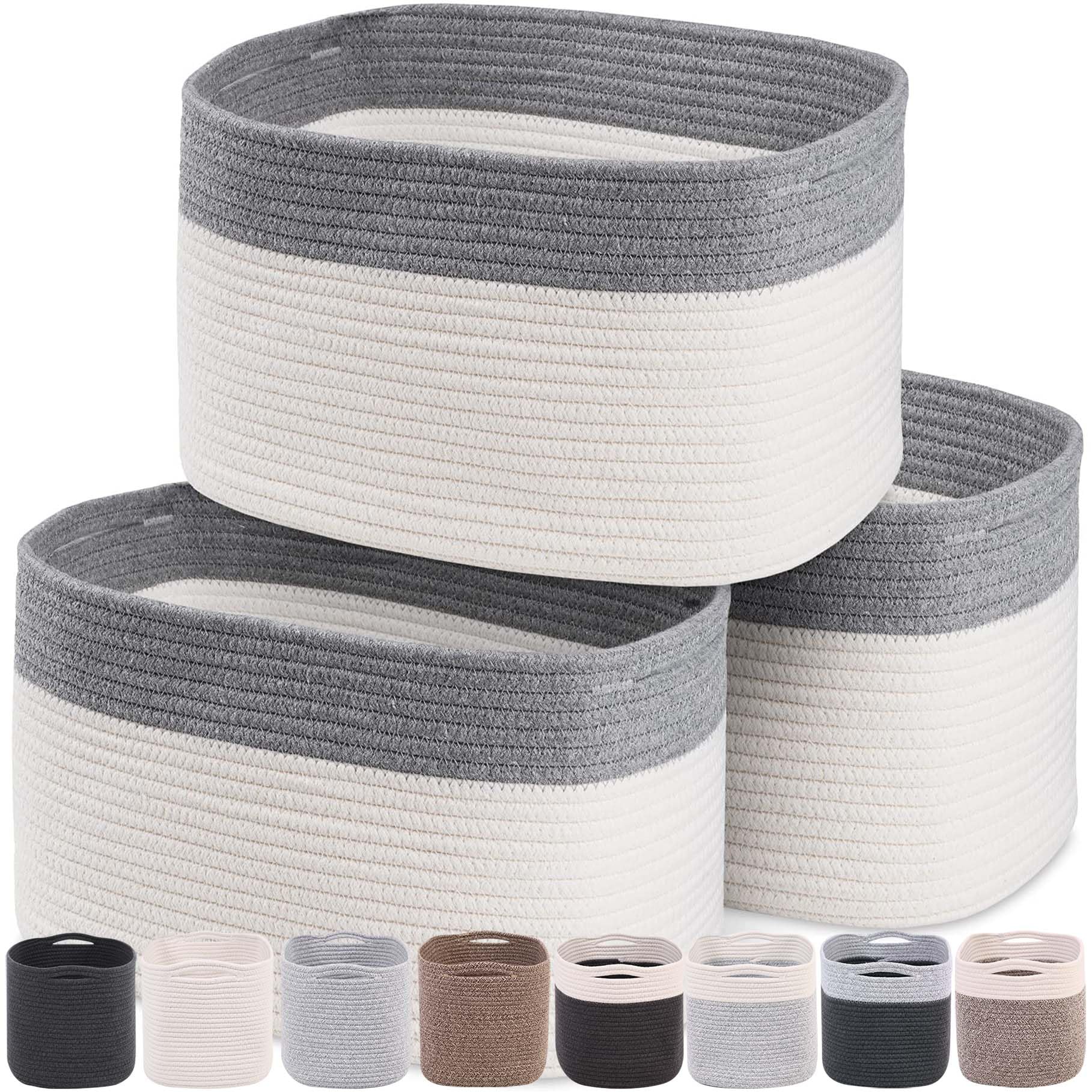 Cotton Rope Basket for Storage | 15"x10"x9" Set of 3 White & Gray Medium Storage Baskets for Organizing with Handles works as Cloth Baskets, Blanket Basket, Big Woven Laundry Basket or Toy Bin like Wicker Laundry Baskets