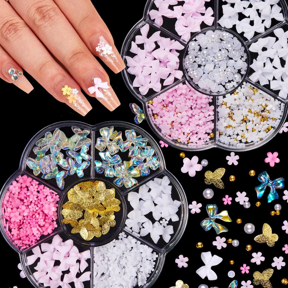 KARLOR Nail Charms Set,3D Flower Nail Decoration Pink Bow Nail Charms Butterfly Nail Art Decoration Resin Beads Acrylic Flower Nail Gems with Half Pearls for Acrylic Nail Art Accessories (7M-179) - Image 3