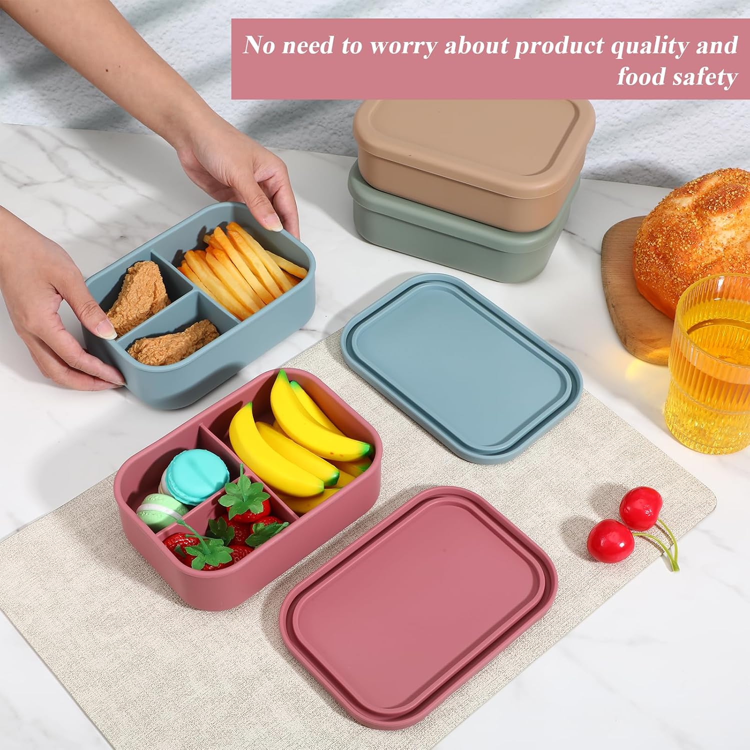 Lemecima 4 Pcs Silicone Bento Box Reusable 3 Compartment Silicone Bento Lunch Container for Adults Microwave Dishwasher Freezer Safe (Multicolors)