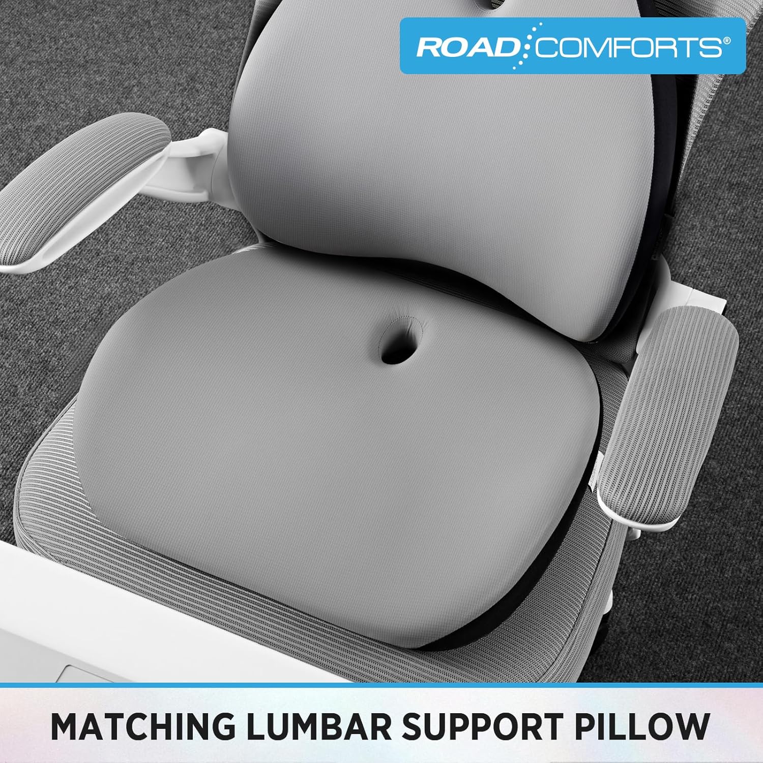 Road Comforts Memory Foam Lumbar Support Pillow – Ergonomic Back Cushion for Office, Car, Home & Travel – Lower Back Pain Relief, Removable Washable Cover (Gray)