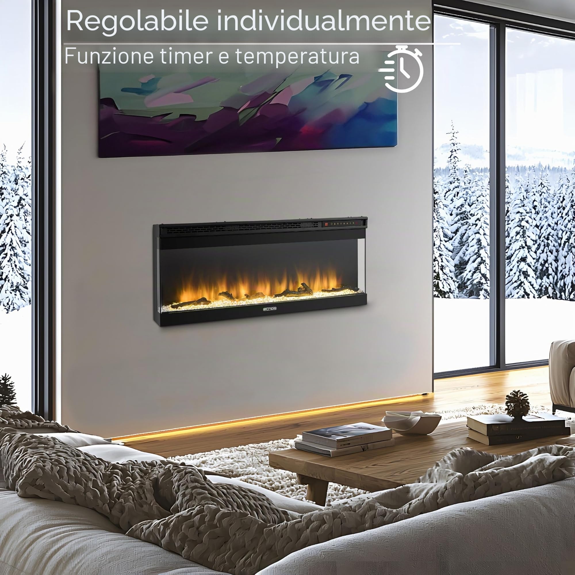 Camino elettrico con riscaldamento, termoventilatore a risparmio energetico, 1500 W, effetto fiamma