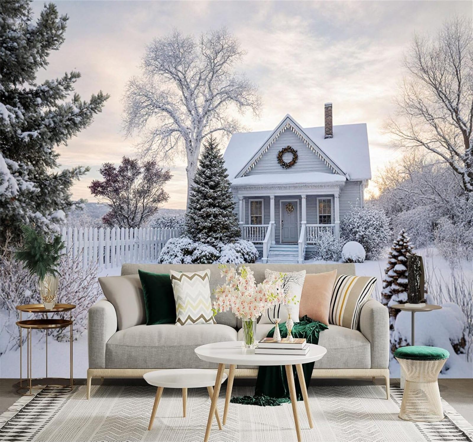 XLMING Beautiful Houses Pine Trees Winter Snowy Scenery 3D Wallpaper Premium Textured Silk Study Dining Living Room Bedroom Sofa TV Wall Easy Install-300cm×210cm