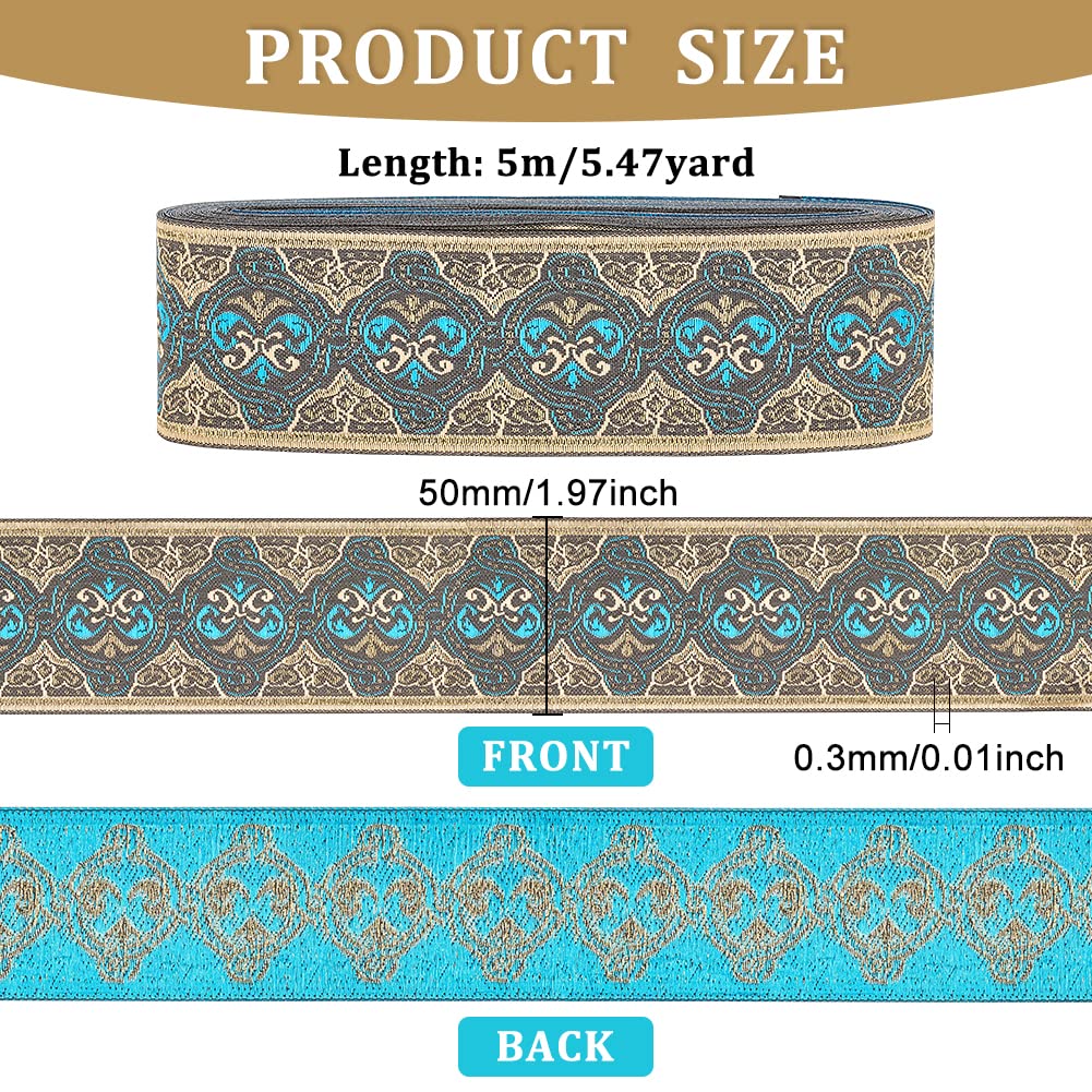 Vintage-Band, Jacquard-Band, Besatz for Nähen, dekorativ, 5 m, Vintage-Jacquard-Band, 50 mm, Ethno-Stil(Gold Blue)