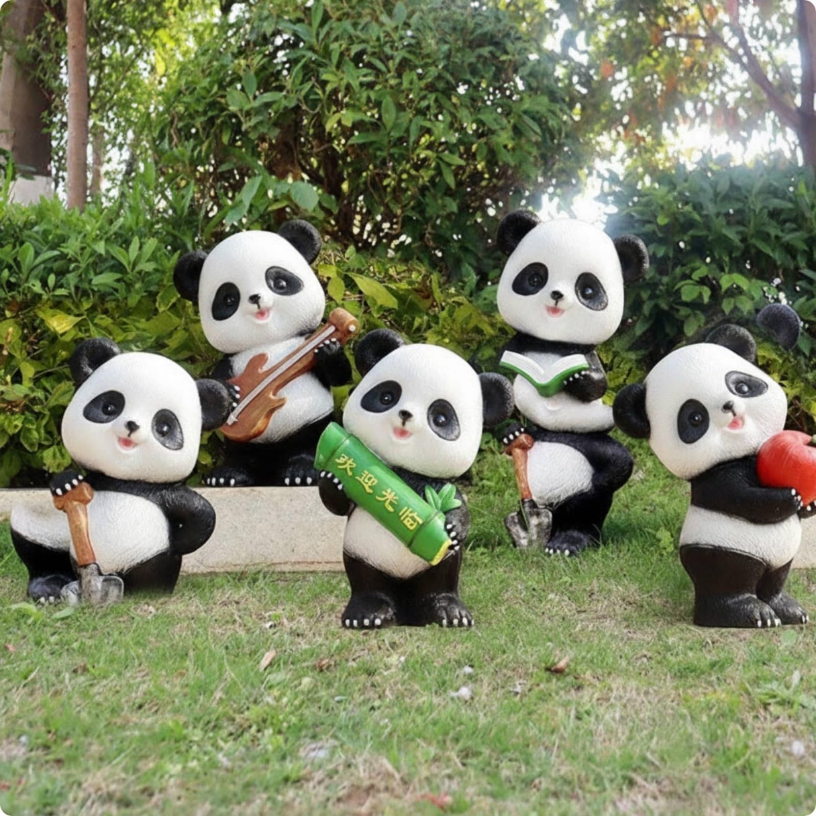 predolo 5 Stück Pandabären-Gartenfigur mit Requisite frostbeständig Pandabären-Figur süß Dekofigur für Gartenliebhaber, Familien, Hof