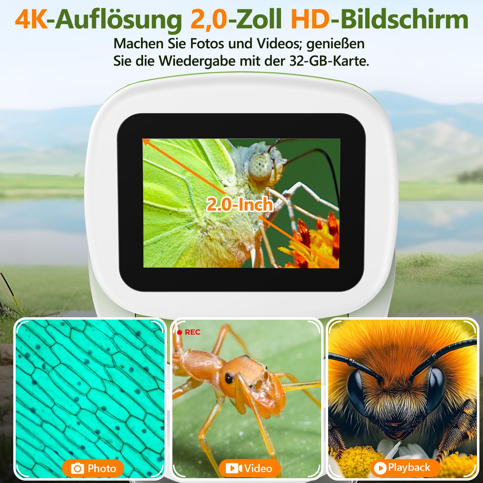 Kinder-Handmikroskop Mini 1000X Digitales Taschenmikroskop 2 Zoll 4K Bildschirm STEM Spielzeug Geschenk Kinder 6-12 Jahre inkl. Dias-Set 32GB Speicherkarte