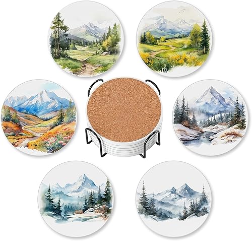 Miniatura 17 de Posavasos de cerámica redondos absorbentes con soporte para protección de mesa, para taza de café, bebidas, vino, cerveza, bar, 6 unidades Vintage