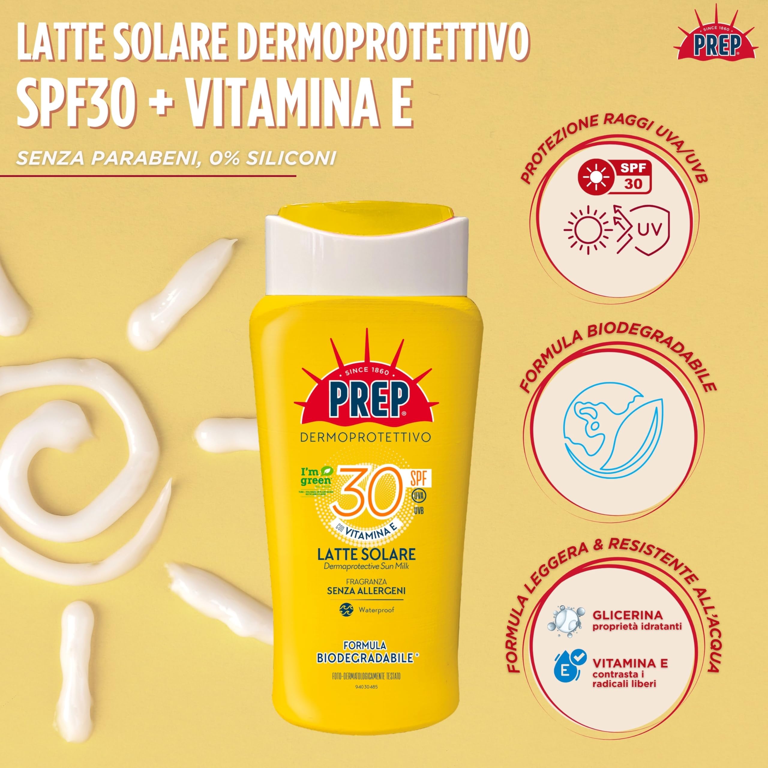 PREP Latte Solare Dermoprotettivo SPF 30, Protezione Solare Raggi UVA e UVB, 200ml