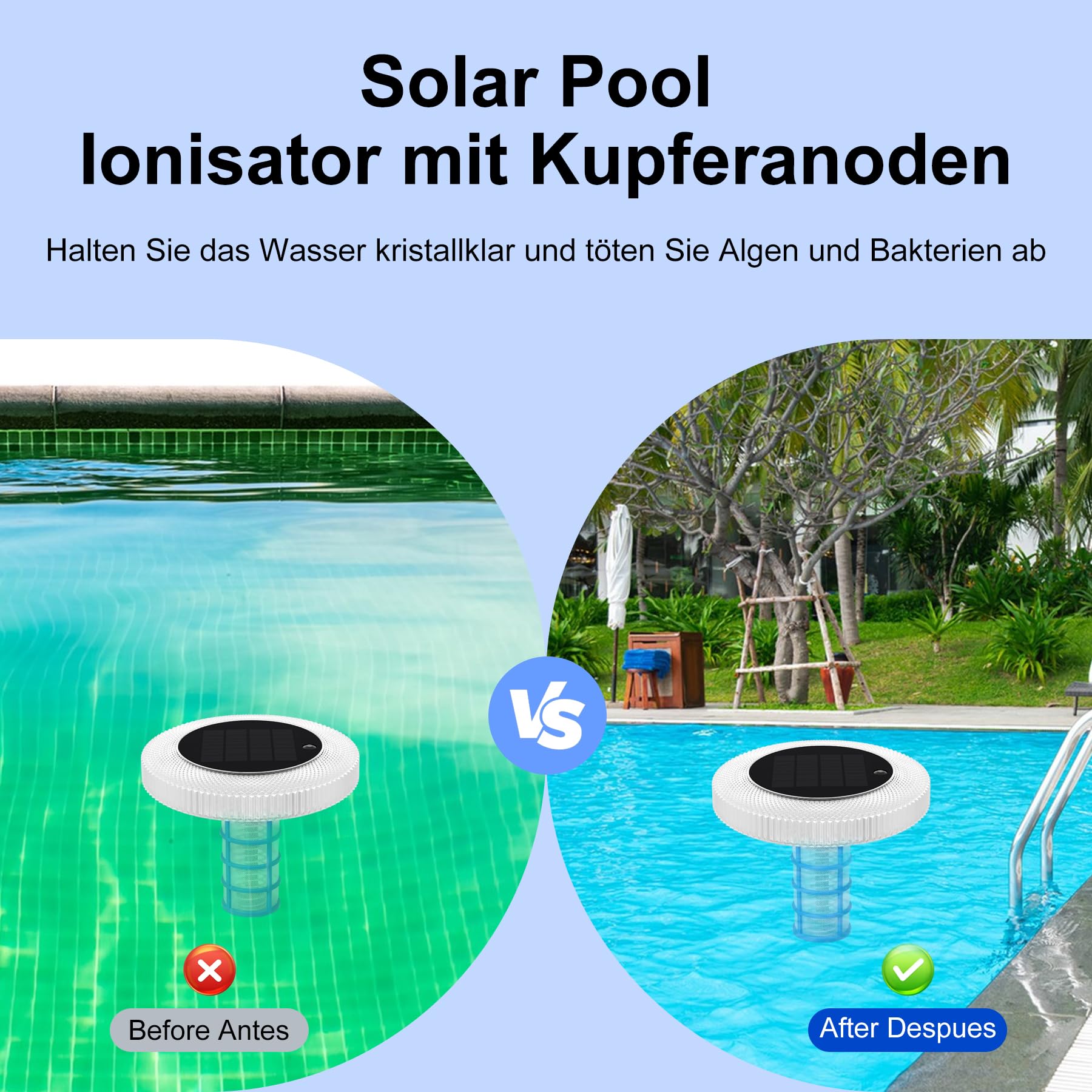 sylvwin Solar Pool Ionisator mit Kupferanoden, Schwimmender Wasserreiniger mit Kupferanode für Schwimmbäder, Solar Poolbeleuchtung, RGB Solarleuchten, Wasserreiniger Für Pools Und Spas