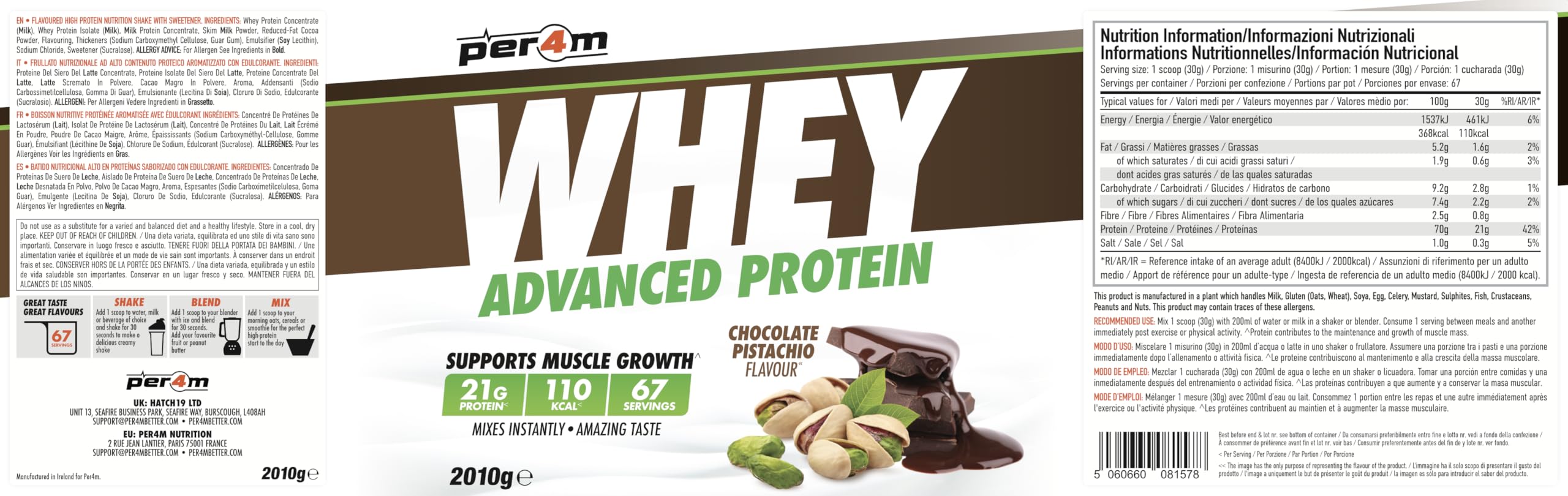 Per4m Whey Protein, Odżywka Białkowa WPC, 24 g Białka na Porcję, Budowanie Masy Mięśniowej i Szybka Regeneracja Po Treningu Siłowym dla Aktywnych Sportowców, Suplement – Chocolate Pistachio – 2010 g