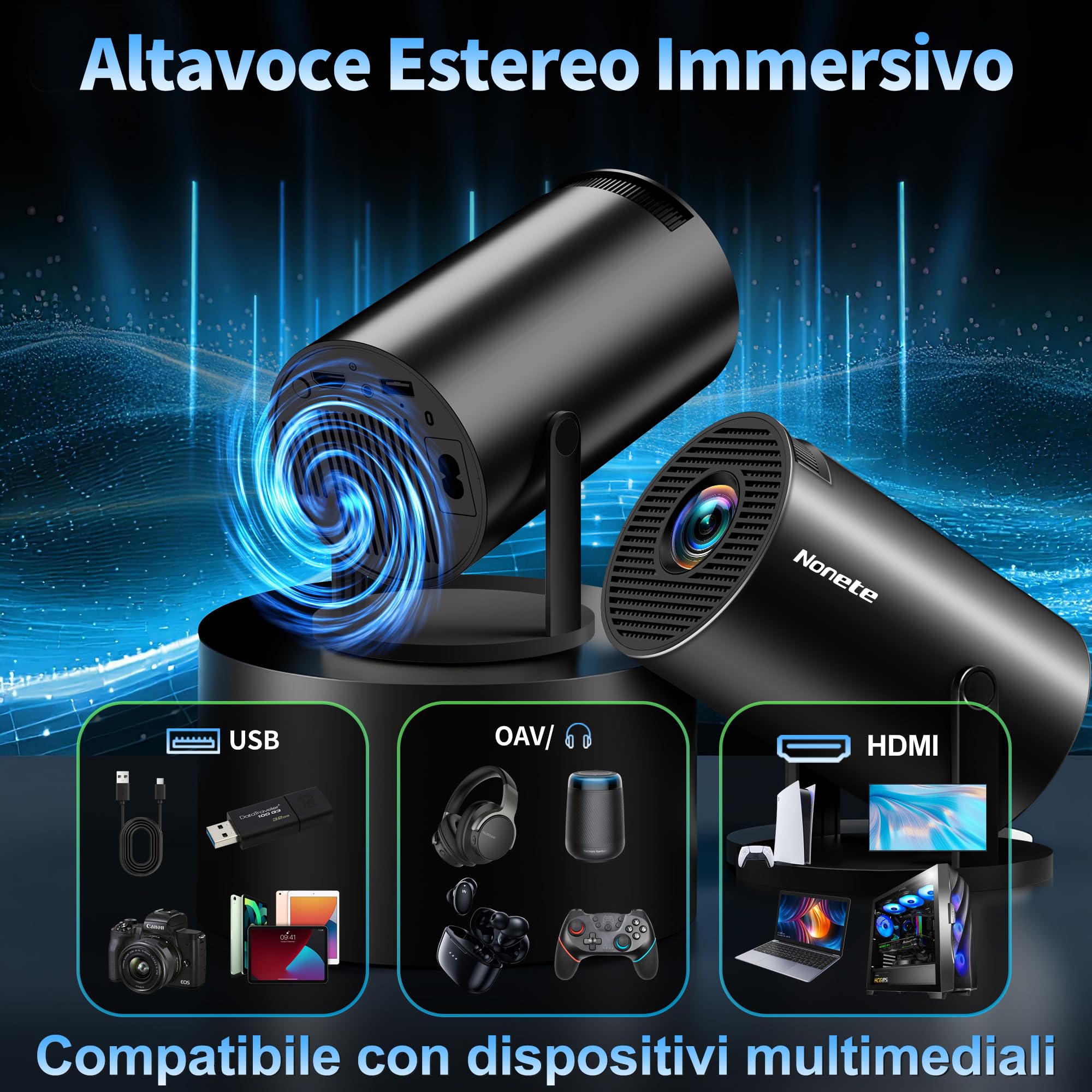 Proiettore 1080P FHD [2026 Upgraded] Mini Proiettore Portatile 4K con WiFi 6 BT 5.2 Videoproiettore Supporta Rotativo a 270°Projector Auto Keystone TV Stick/USB/HDMI/PC con Cavo HDMI & Mouse, Nero