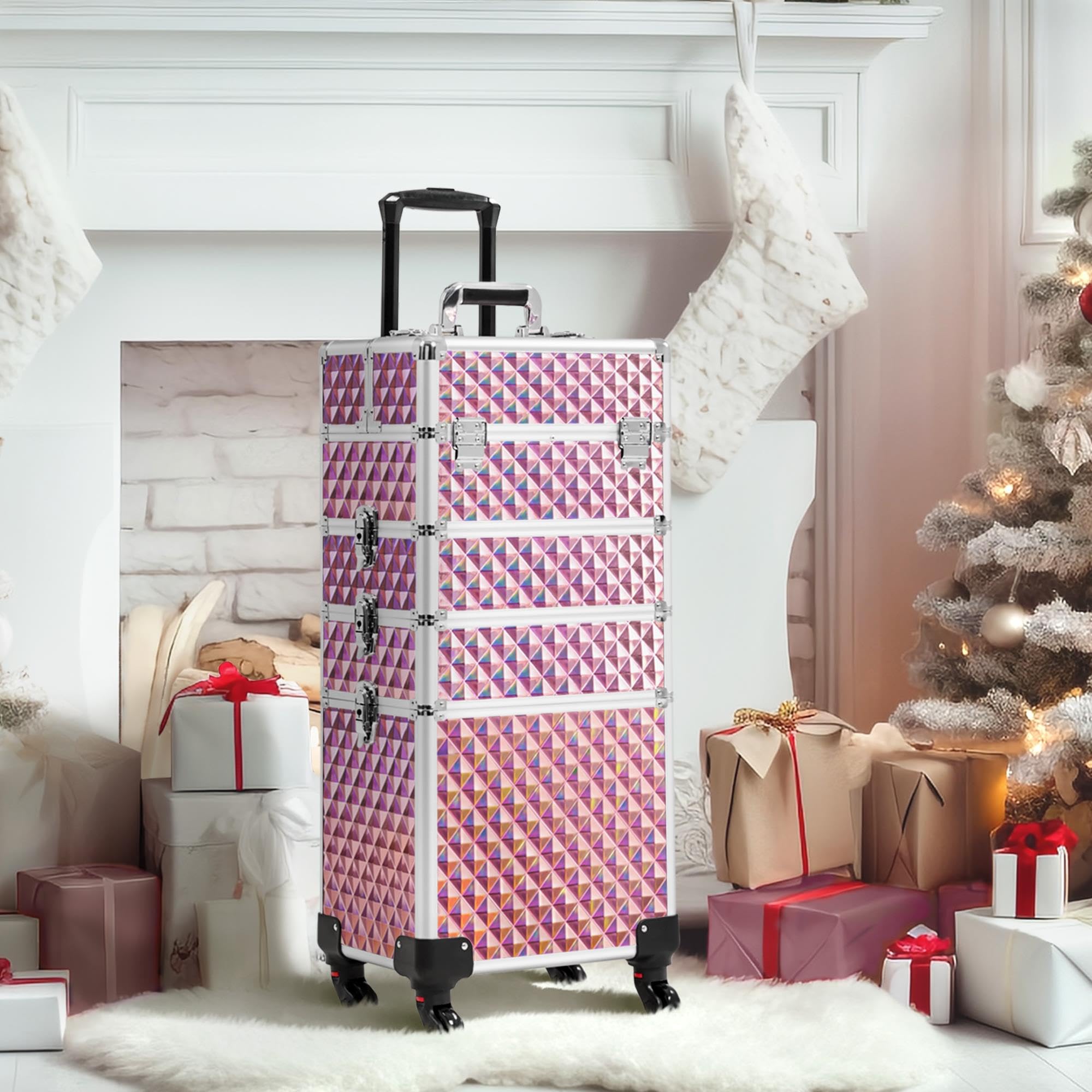 Yaheetech Valise Maquillage Professionnel 4-en-1 Valise Esthetique roulettes Pivotantes à 360° pour Manucure, Voyage, Maquilleur 34 x 25,5 x 80 cm Rose
