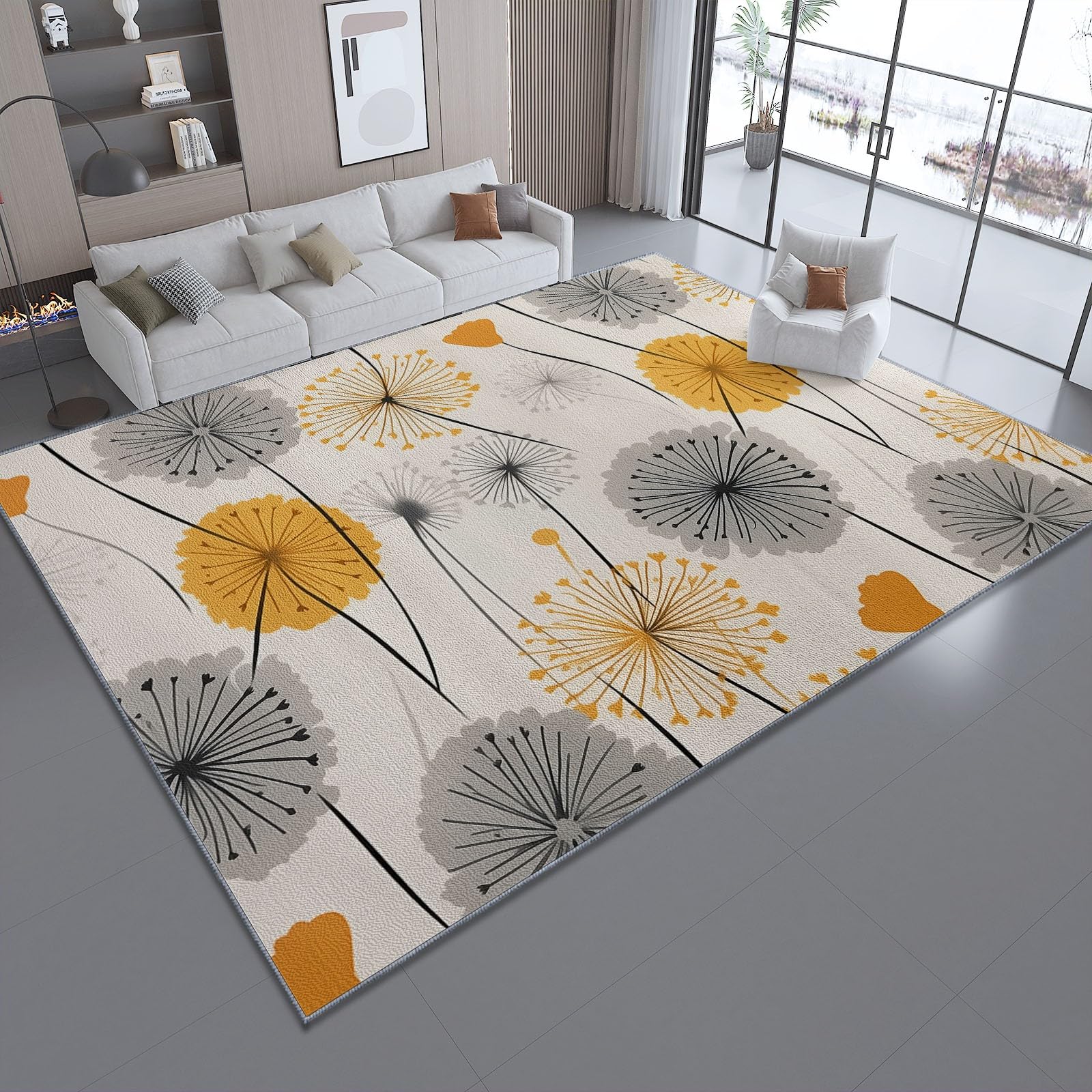 Tappeto Fiori Dente di leone Semplicità Antiscivolo Lavabile Pelo Corto Pelo Corto, Morbido, per Salotto, Camera da Letto Giallo senape grigio Design Moderno e Elegante 120x180