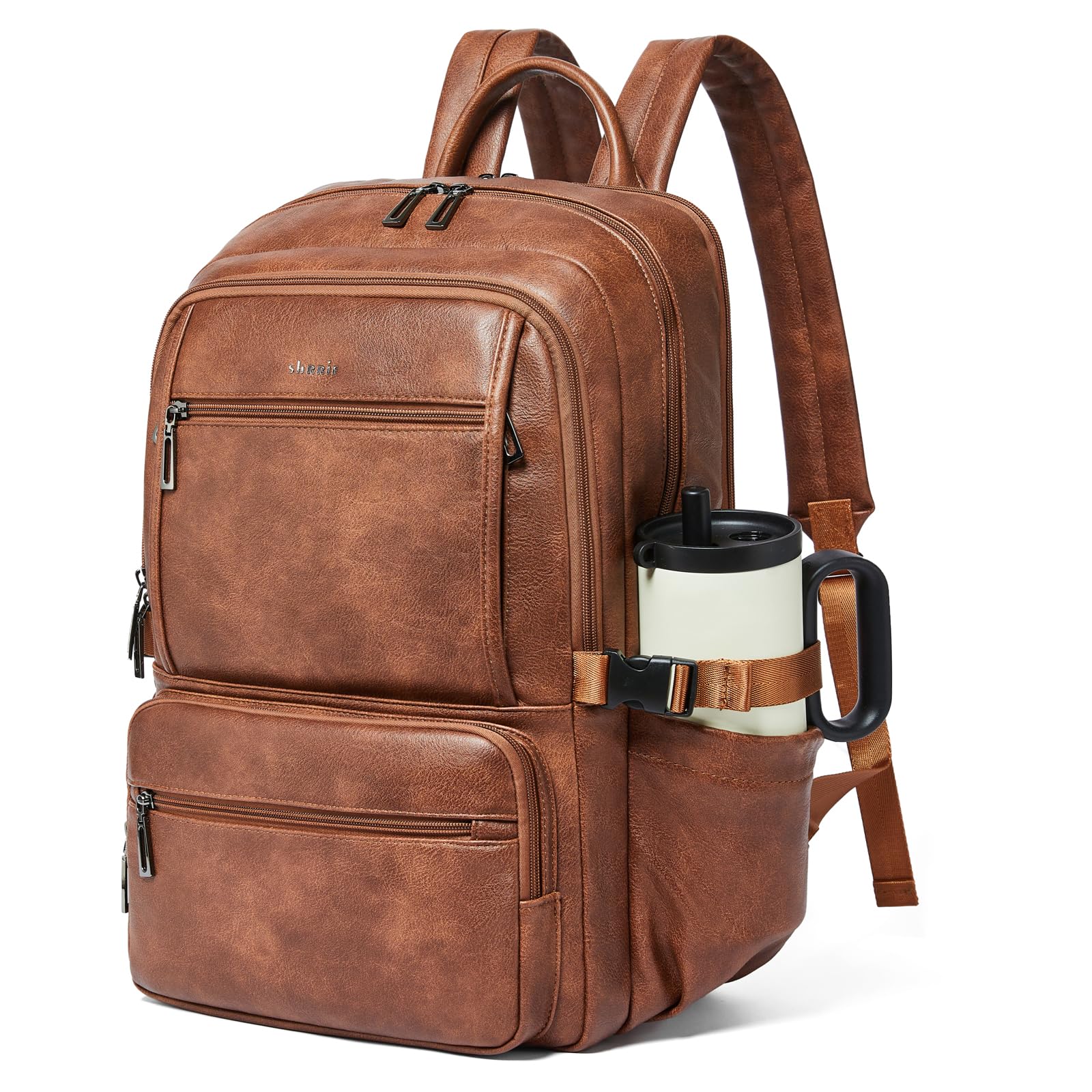 Shrrie Skórzany plecak do pracy na laptopa, torba na komputer, torba na podróż służbową, College Office Fit 17 cali, skórzany plecak, torba 35 l, pojemny, wodoszczelny plecak, brązowy