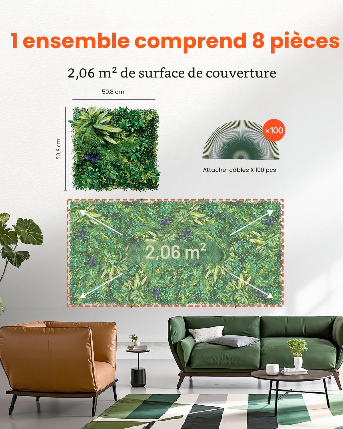 VEVOR Mur Végétal Artificiel, 8 PCS, Panneau Mural Décoratif Plante Artificielle 3D Emboîtable, 50x50 cm, pour Décoration Intérieure Extérieure, Couverture de Clôture en Lierre, Brise-vue Mural Jardin