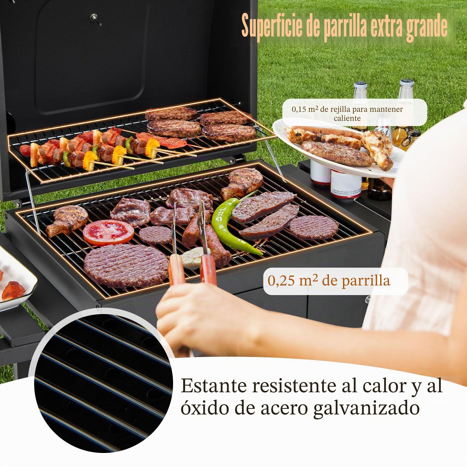 GOPLUS Barbacoa de carbón con tapa, carro de barbacoa con 2 ruedas con 2 mesas laterales plegables, 8 ganchos, termómetro y abrebotellas, parrilla BBQ para picnic, fiesta, camping, jardín y terraza