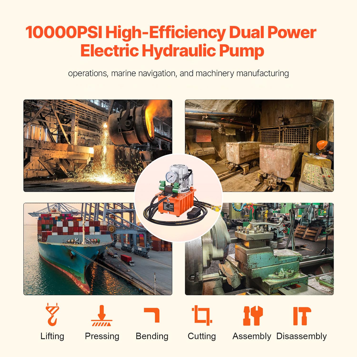 VEVOR 10000 PSI Hydraulic Electric Pump, Double Acting, 750W Full Copper Power Engine & 8L Hydraulic Power Pack Cylinder