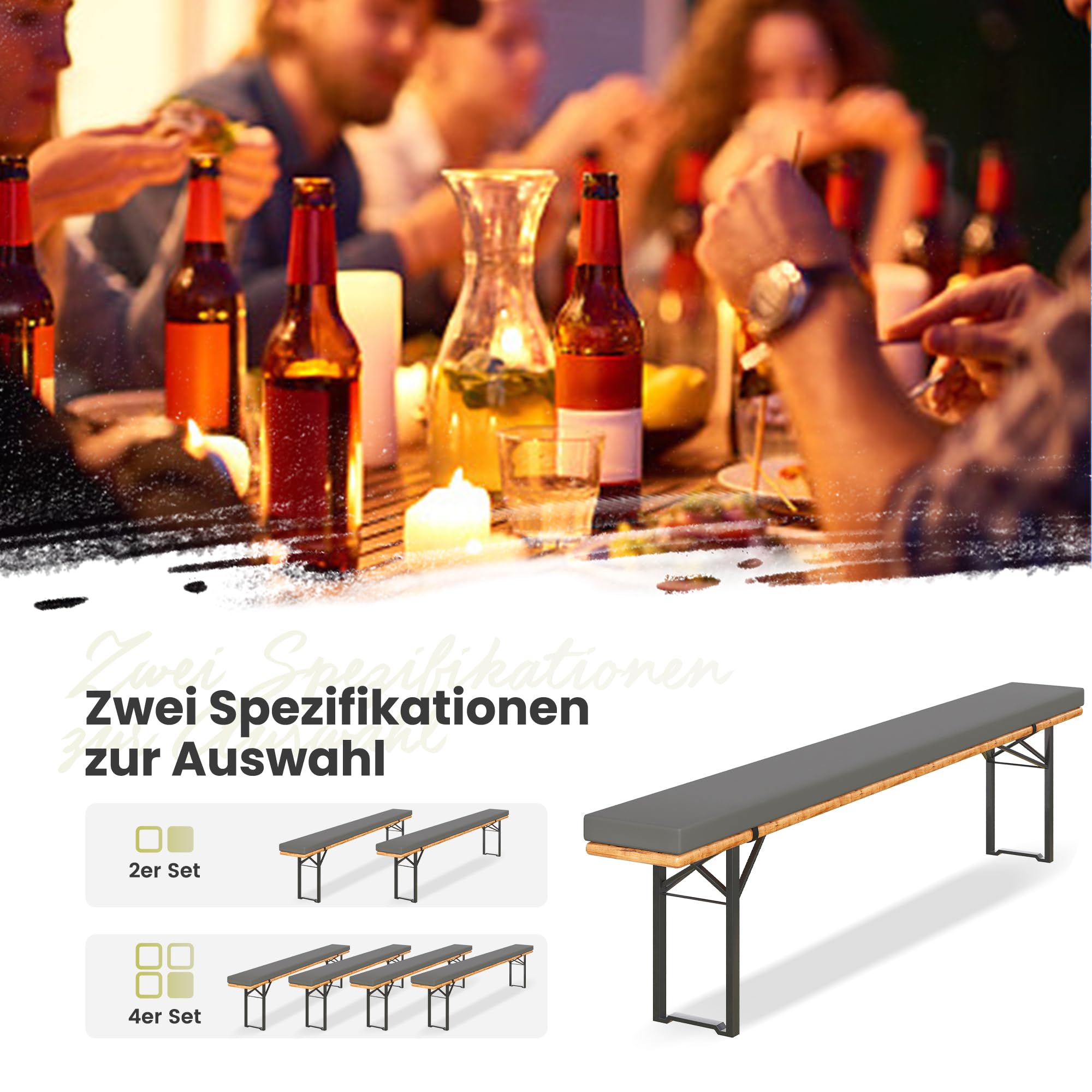 Amopatio 2er Set Bierbankauflage gepolstert, 180x25x4 cm XL Biertischgarnitur Auflagen Outdoor & Indoor, Bezug waschbar, Wasserdicht & UV-Schutz, Grau