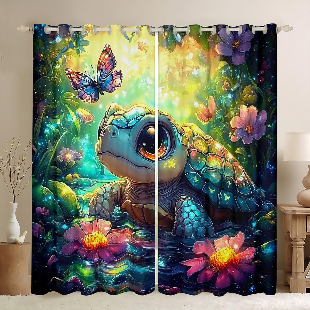 Manfei Sea Turtle Window Curtains Magic Flower Butterfly Window Drapes, Cartoon Animal Window Treatments, Kids Girls Room Decor, Grommet Top 2 Panel Set Bedroom Curtains, 52Wx63L inch