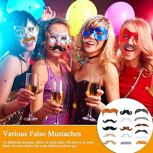 Miniatura 6 de 48 piezas de bigotes falsos, autoadhesivos, novedosos bigotes, fiesta de máscaras, suministros para fiesta de disfraces de Halloween