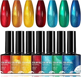 7pc Rainbow Gel Metallic Nail Polish Set - Chrome Gold Line, Reflective Mirror Nail Polish Gift Set in Red, Gold, Blue, Green, Pink