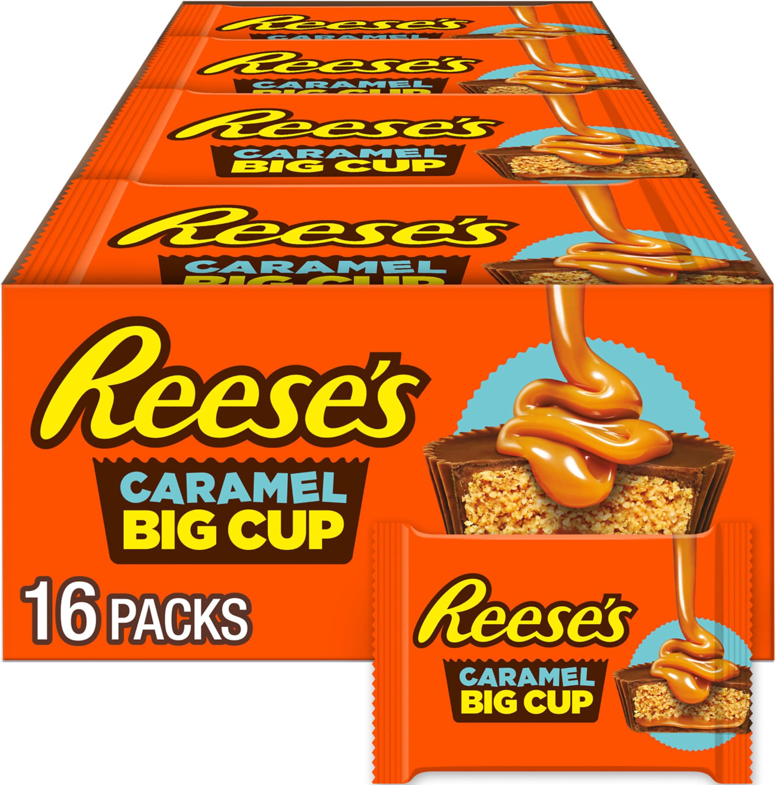 REESE'S Big Cup Caramel Milk Chocolate Peanut Butter Cups, Candy Packs, 1.4 oz (16 Count)