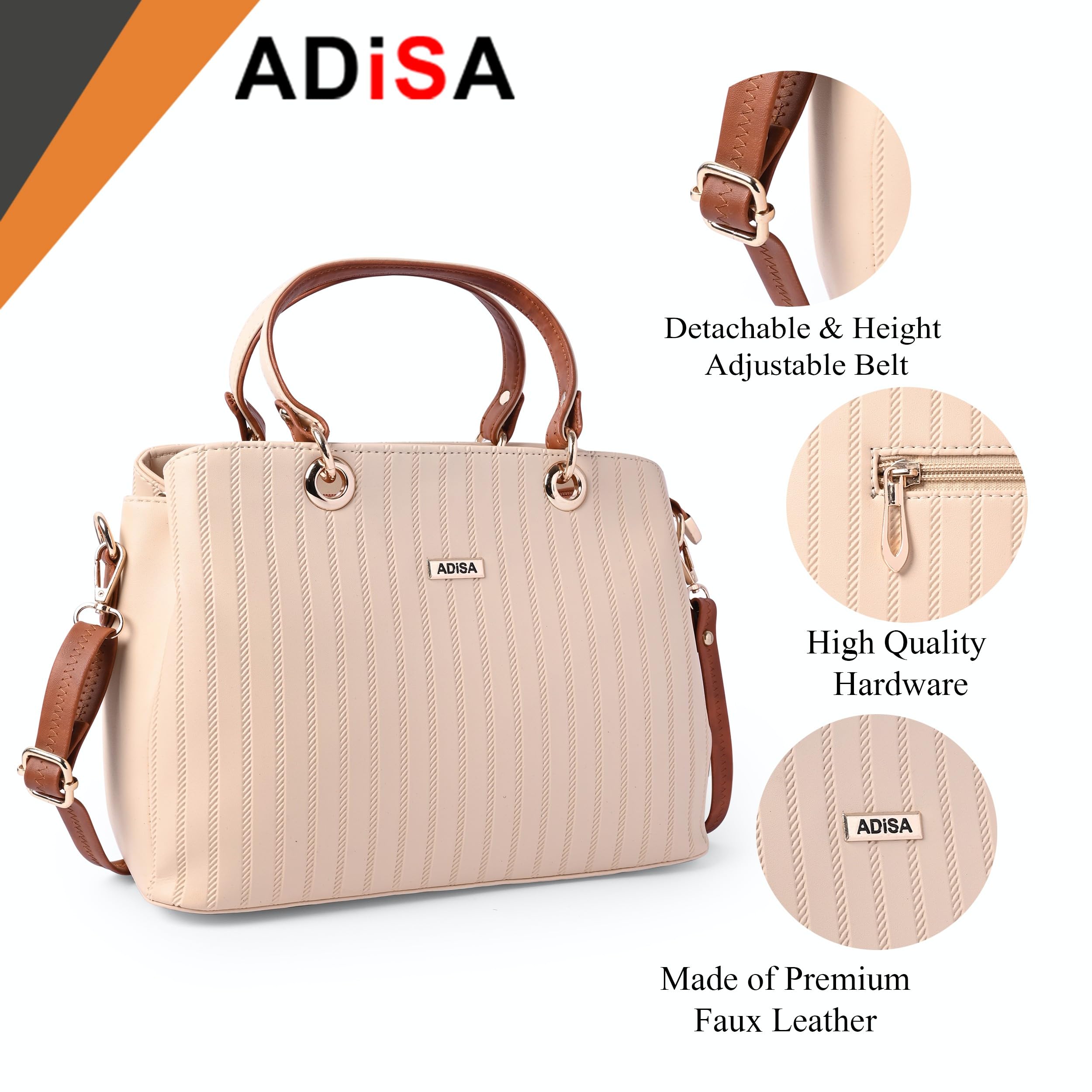 ADISA Texture Stripes Handbag Shoulder Bag For Women And Girls With Sling Belt (Ad4074-Cre),Off White 1