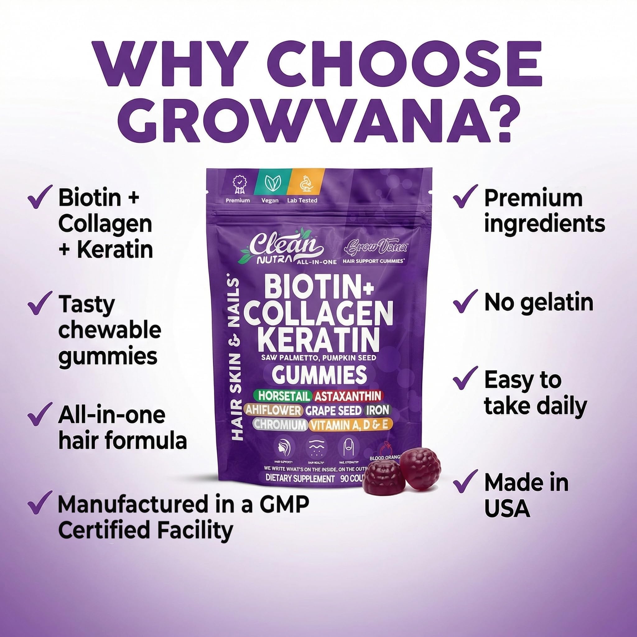 Biotin Gummies for Hair Growth, Hair Vitamins for Women with Collagen Keratin Zinc Saw Palmetto Horsetail Astaxanthin Pumpkin Seed MSM Grape Seed Iron Vitamins A D E, GrowVana by Clean Nutra 90 Count — Amazon image 9
