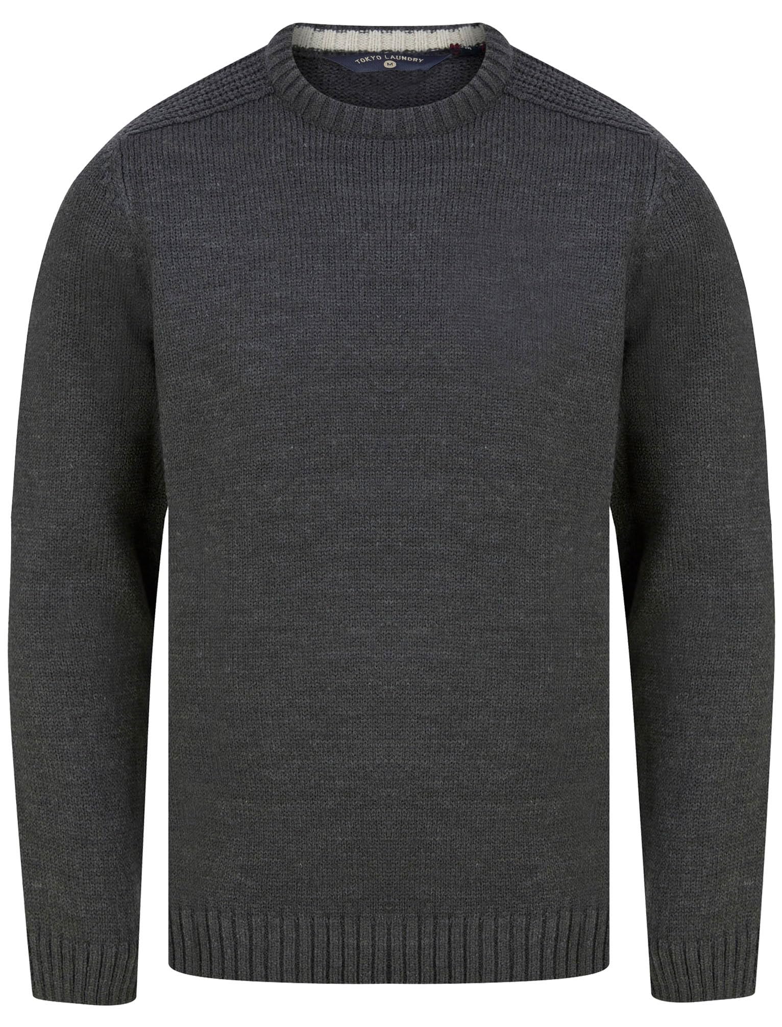 Tokyo Laundry Men's 'Dustin' Knitted Crew Neck Jumper Dark Grey Marl