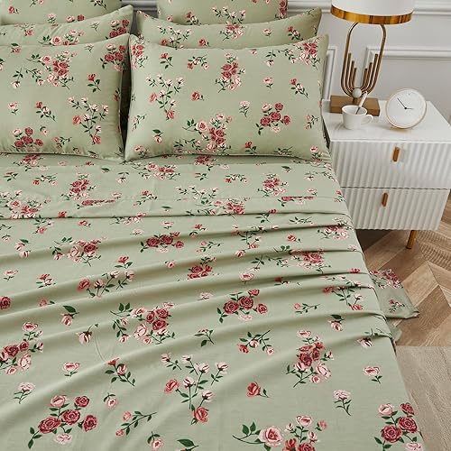 FADFAY Juego de sábanas de cama tamaño King 100% algodón, color verde salvia, patrón floral de rosas rojas de campo francés, ropa de cama de lujo