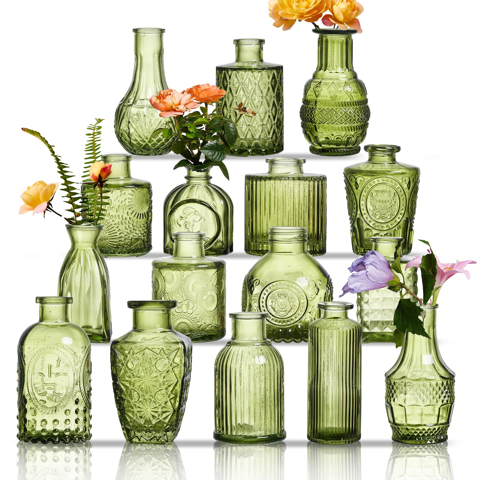 ODBCYWM 16-piece green glass bud vases assorted shapes