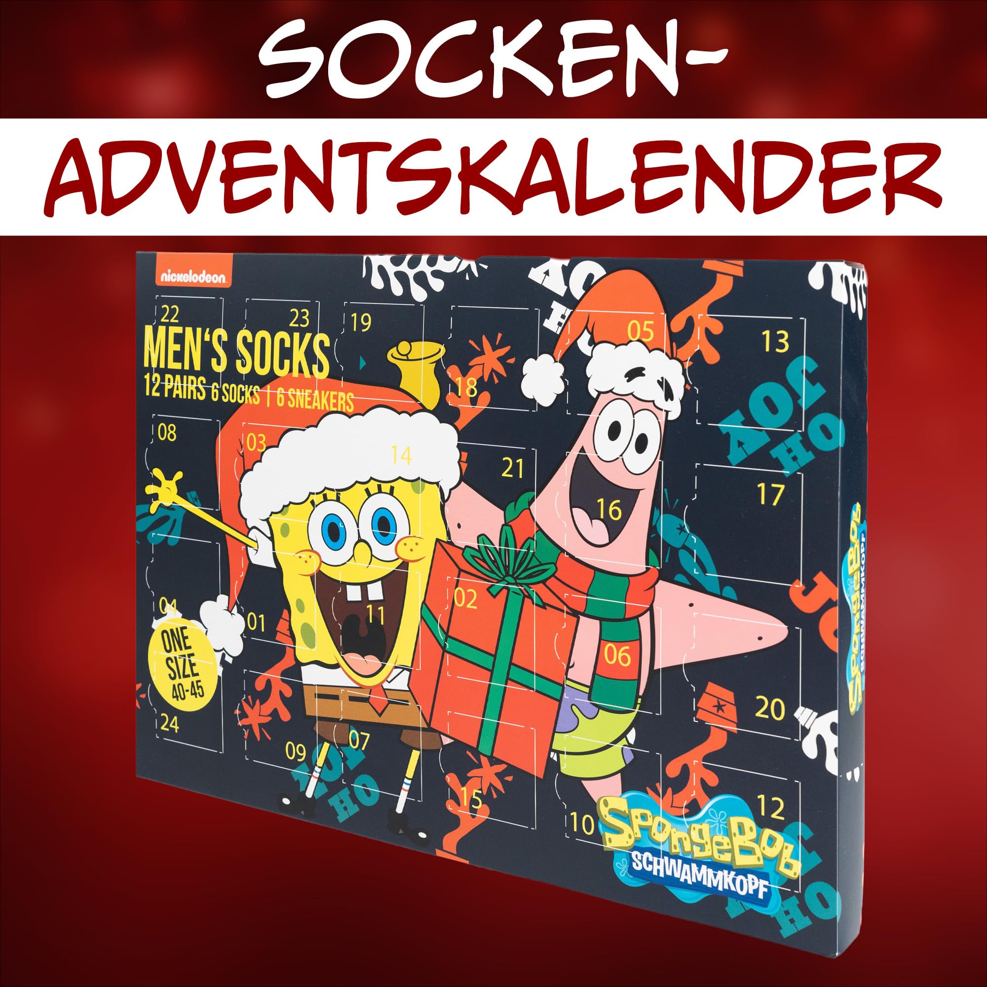 Calendrier de l'Avent Bob l'éponge avec 12 paires de chaussettes Taille 40-45 pour homme Calendrier de Noël avec baskets et chaussettes longues