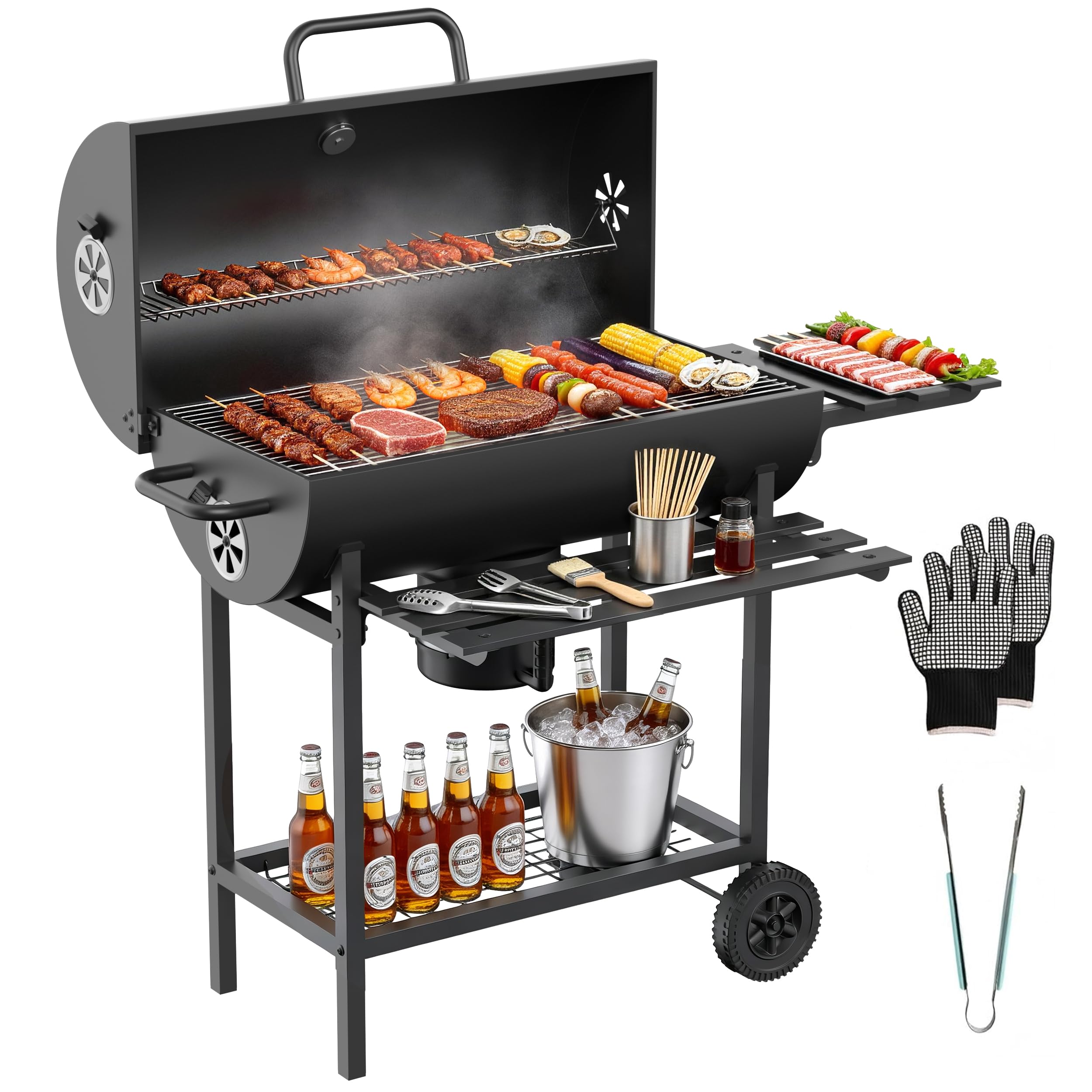 TEENO Barbecue à Charbon de Bois, Grille XXL Double Couche, Thermomètre, Tiroir à Cendres, Évents Réglables, Roulettes, Tablettes Latérales, Gants et Pince, Barbecue Extérieur Jardin Balcon Famille